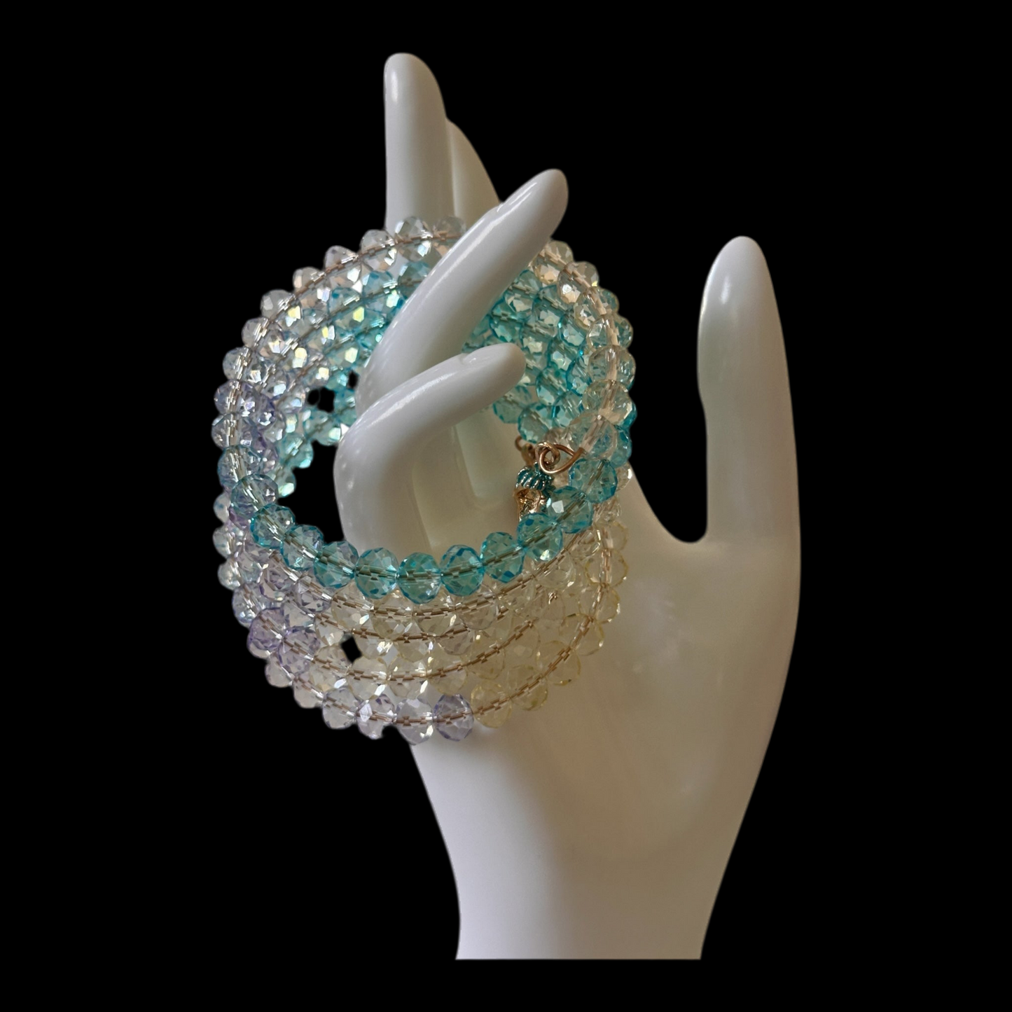 “Sea Goddess” Memory Wire Bracelet – 5-Ring Ombre Crystal Wrap with Shell Charm