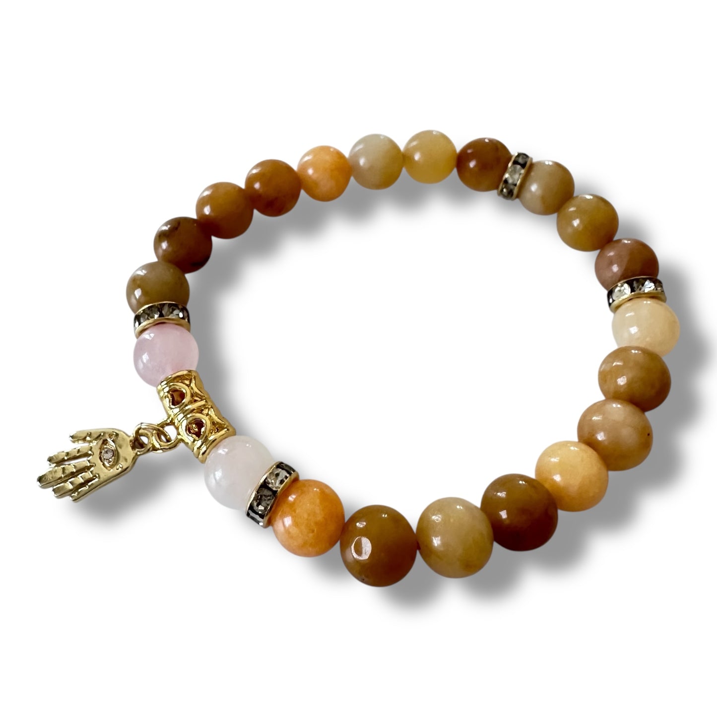 “Golden Grace” Bracelet – Yellow Aventurine, Rose Quartz & Hamsa Charm (Gold-Plated)