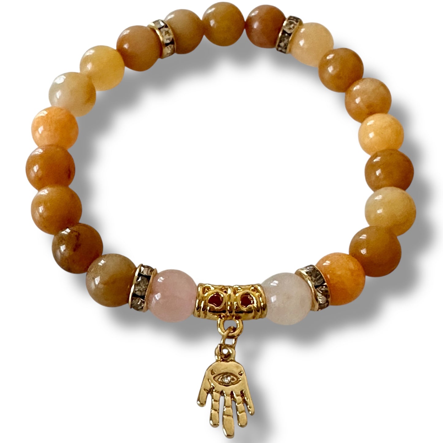 “Golden Grace” Bracelet – Yellow Aventurine, Rose Quartz & Hamsa Charm (Gold-Plated)