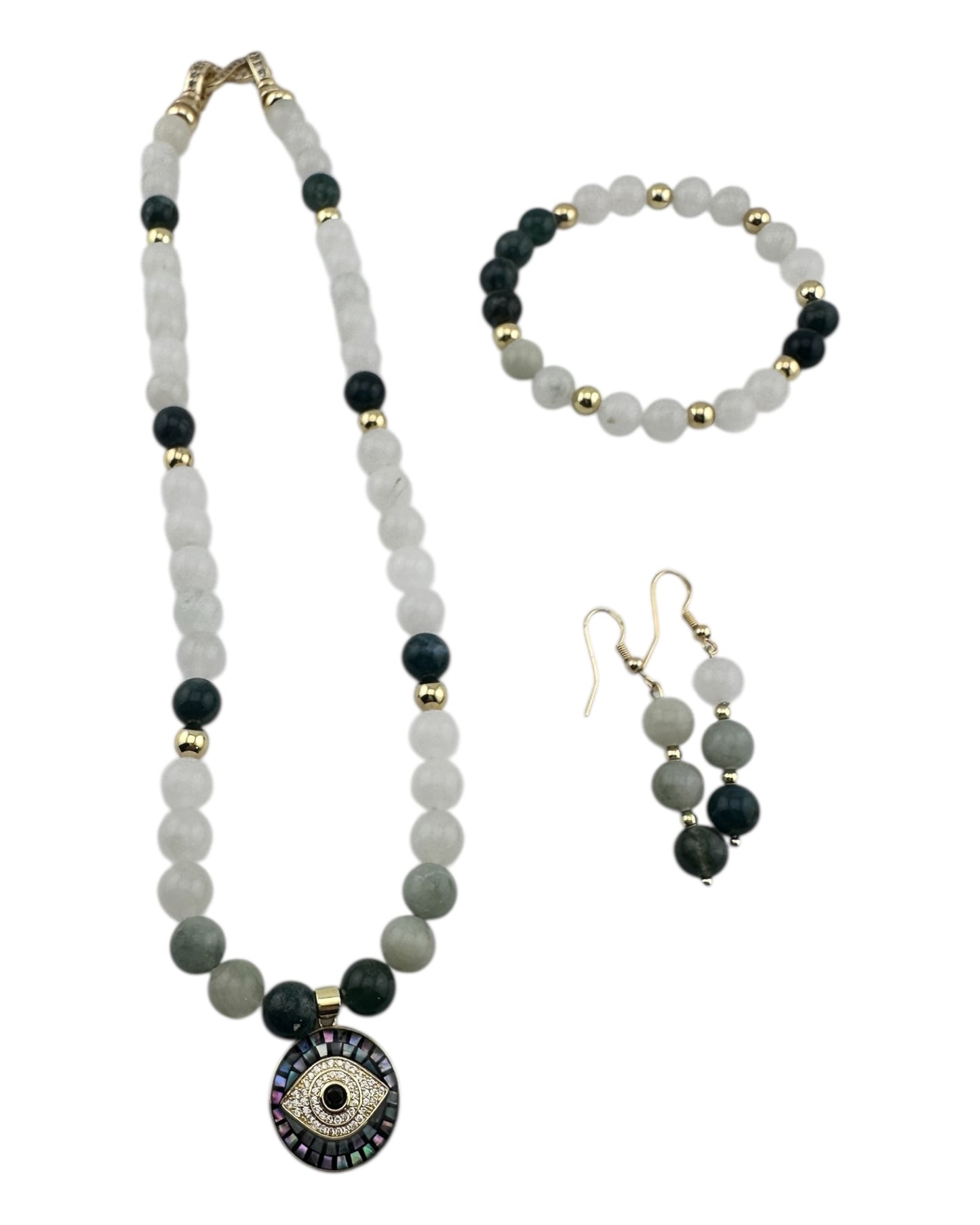 Tea Jasper & Evil Eye 3-Piece Jewelry Set – 18K Gold-Plated with Opal Shell Protection Pendant