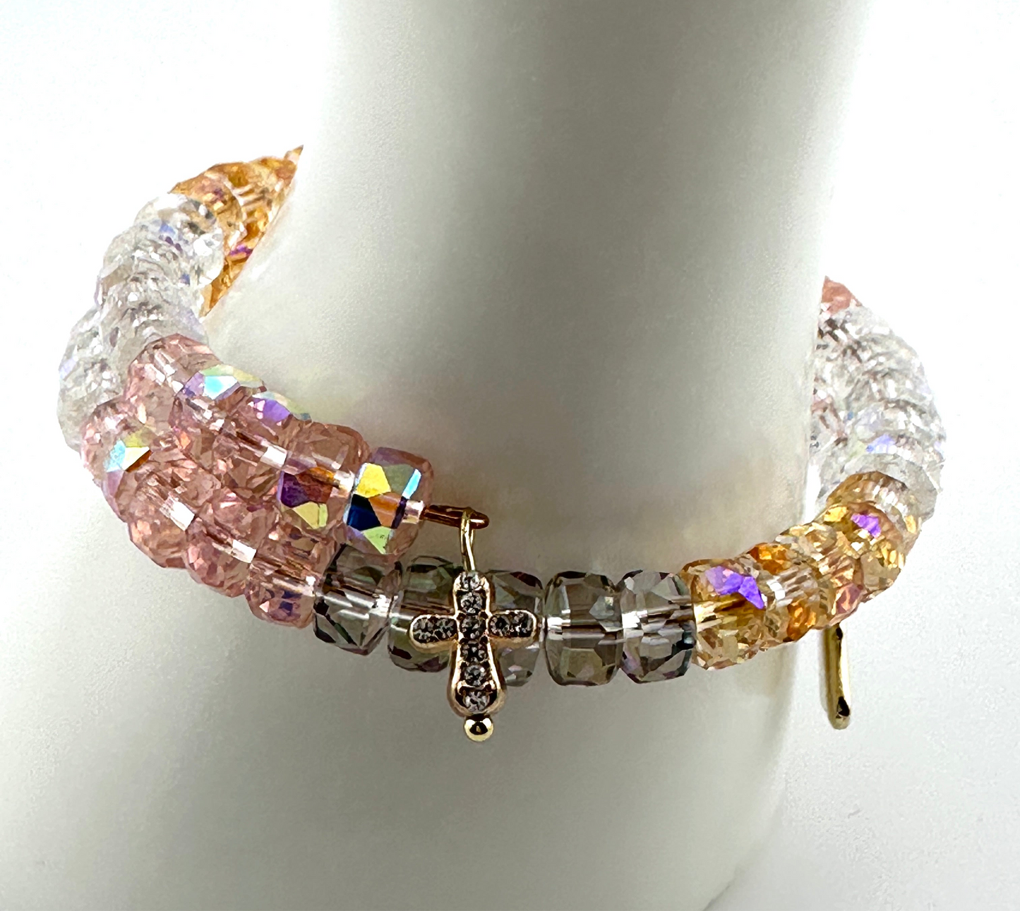 Radiant AB Crystal Memory Wire Bracelet – Triple Wrap with Gold-Plated Evil Eye & Pavé Cross Charms