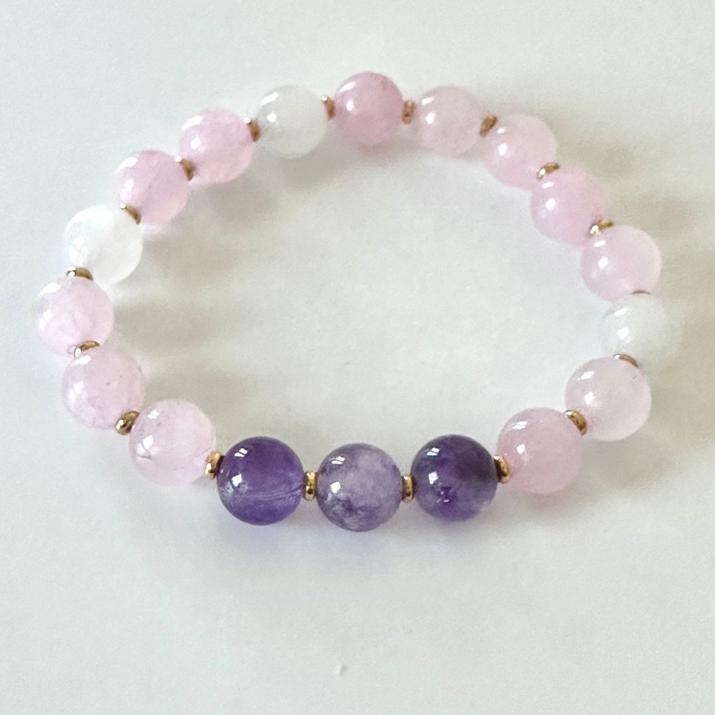 “Inner Light” Bracelet – 8 mm Amethyst, Rose Quartz & Milky Quartz