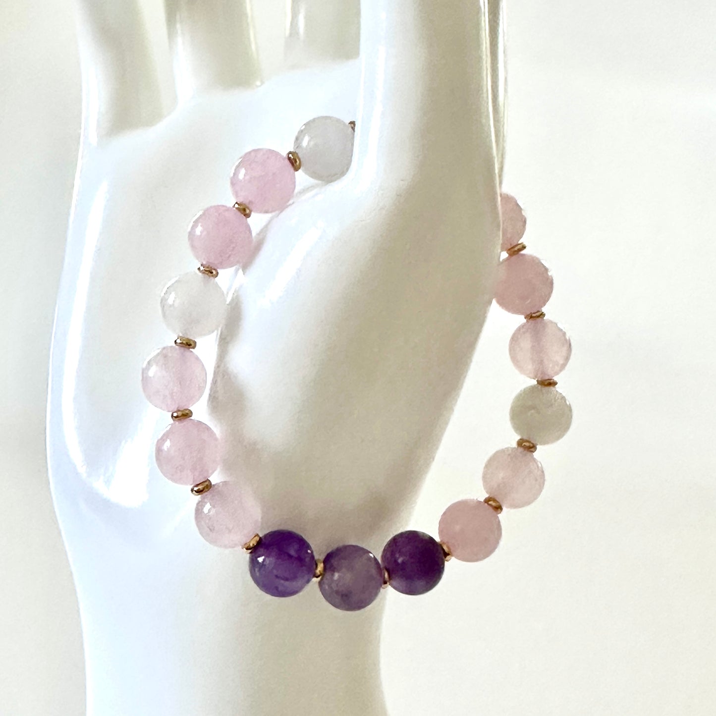 “Inner Light” Bracelet – 8 mm Amethyst, Rose Quartz & Milky Quartz