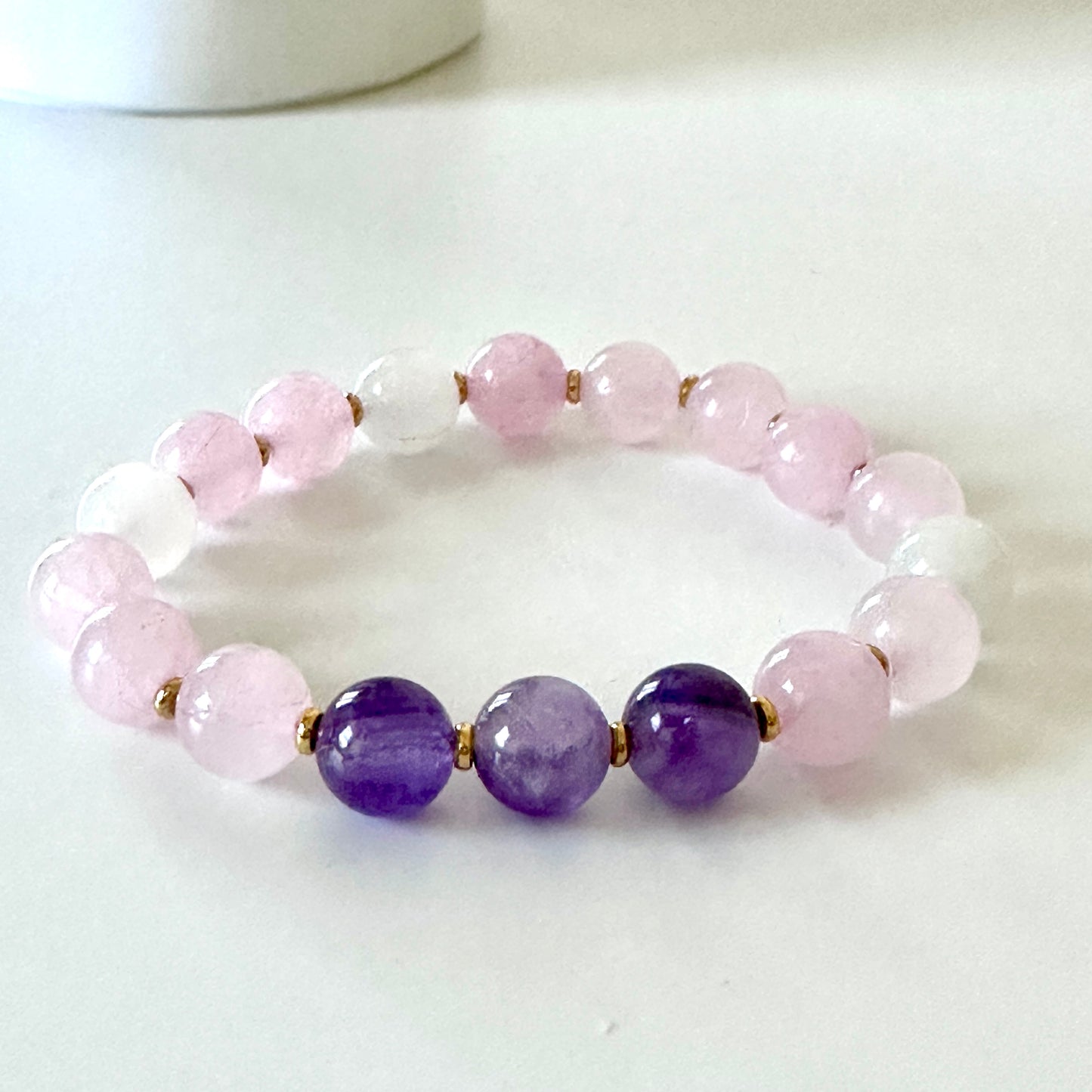 “Inner Light” Bracelet – 8 mm Amethyst, Rose Quartz & Milky Quartz