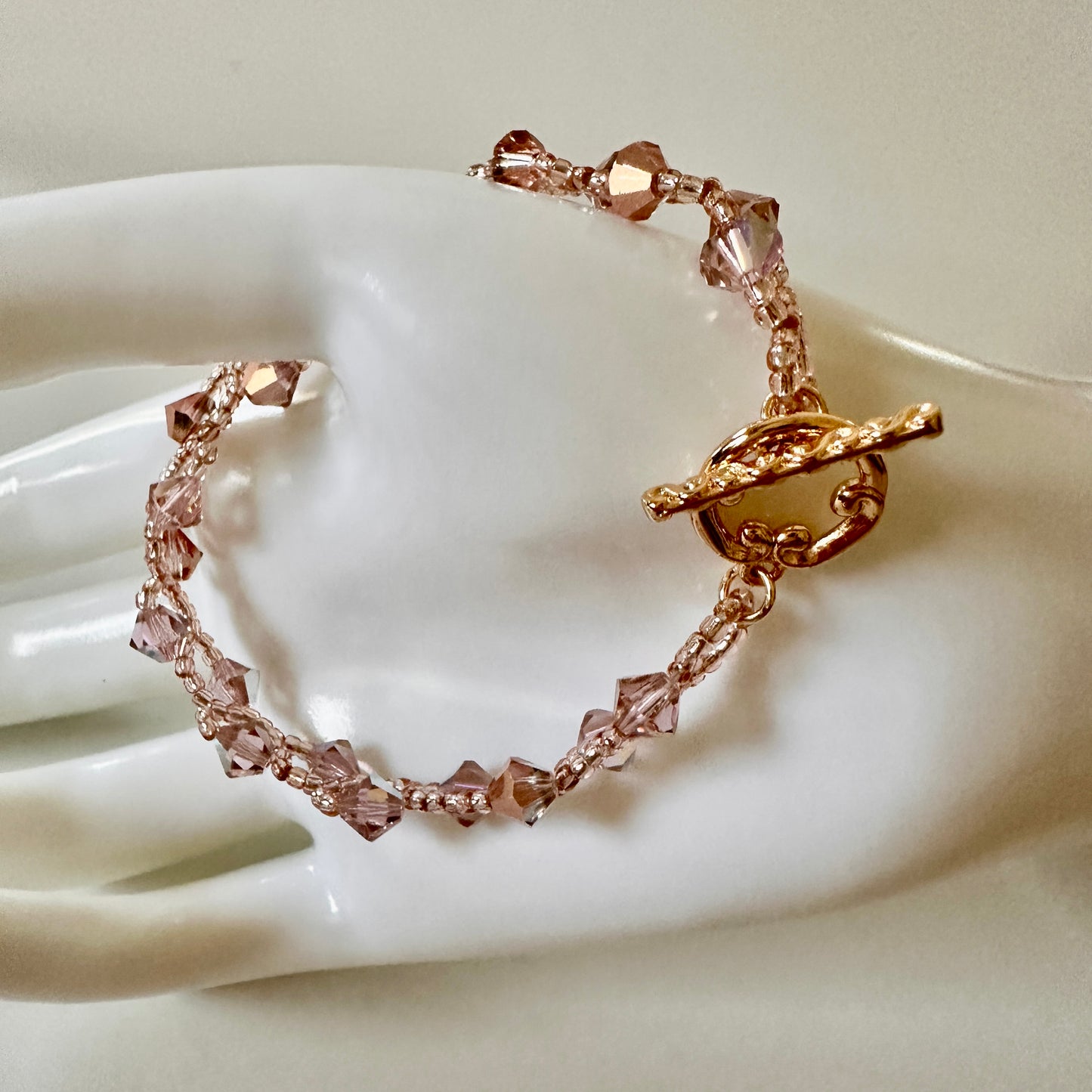 Vintage Rose Swarovski Bracelet – Pink Toho Beads & Gold Toggle