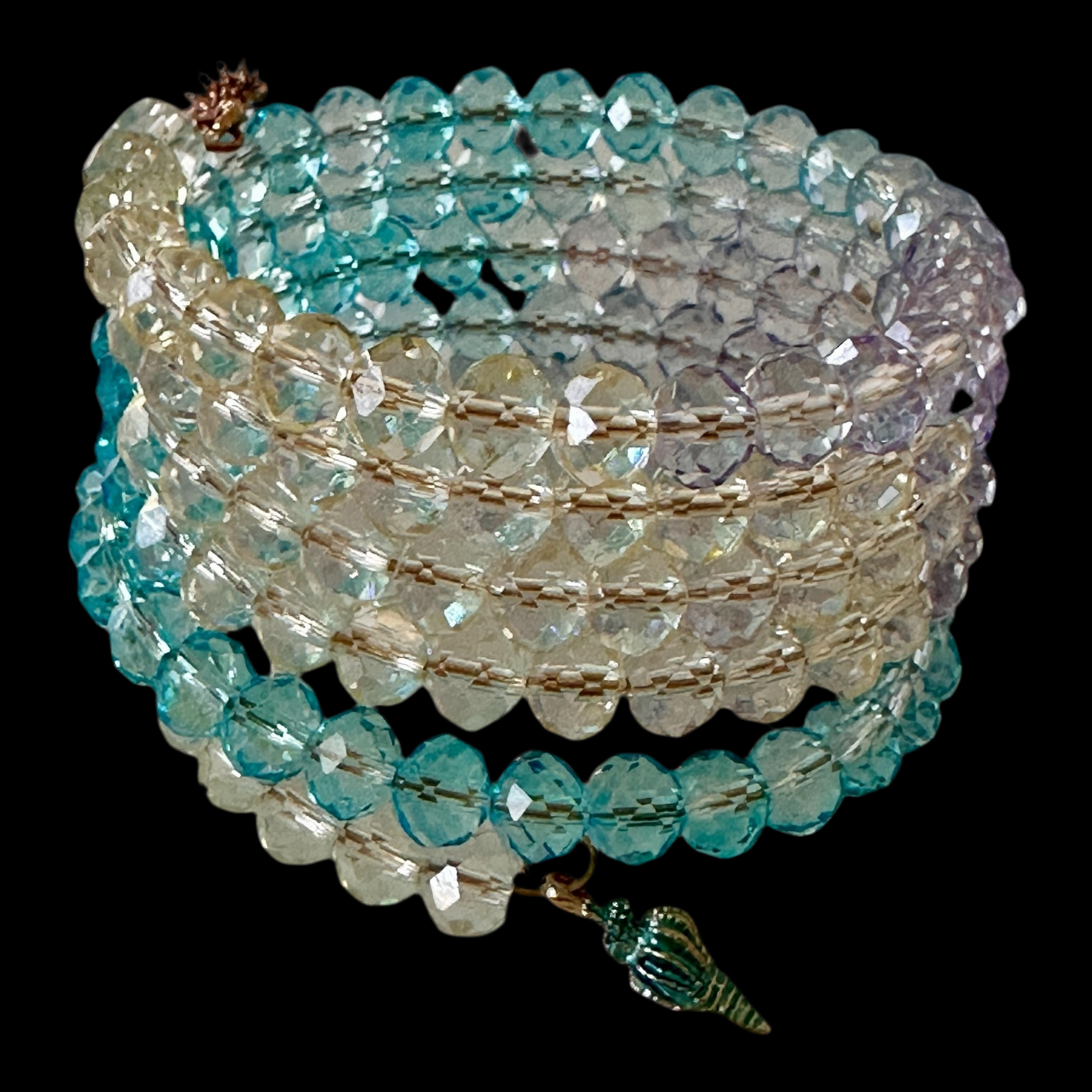 “Sea Goddess” Memory Wire Bracelet – 5-Ring Ombre Crystal Wrap with Shell Charm