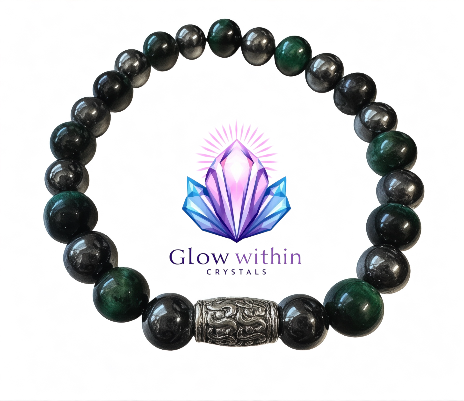 Handmade men’s bracelet with deep green tiger eye and black-silver hematite beads, accented by an engraved silver-tone barrel 