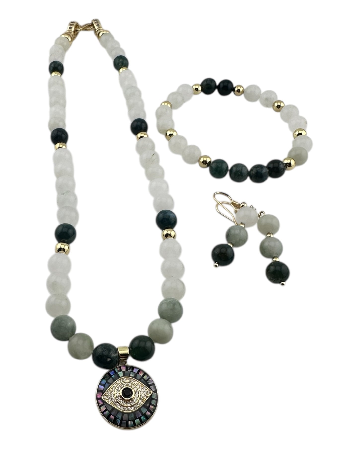 Tea Jasper & Evil Eye 3-Piece Jewelry Set – 18K Gold-Plated with Opal Shell Protection Pendant