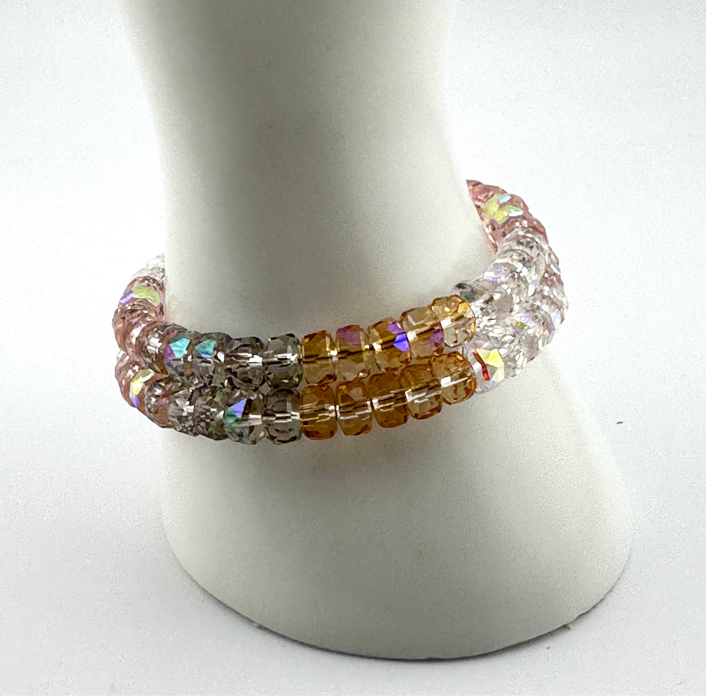 Radiant AB Crystal Memory Wire Bracelet – Triple Wrap with Gold-Plated Evil Eye & Pavé Cross Charms