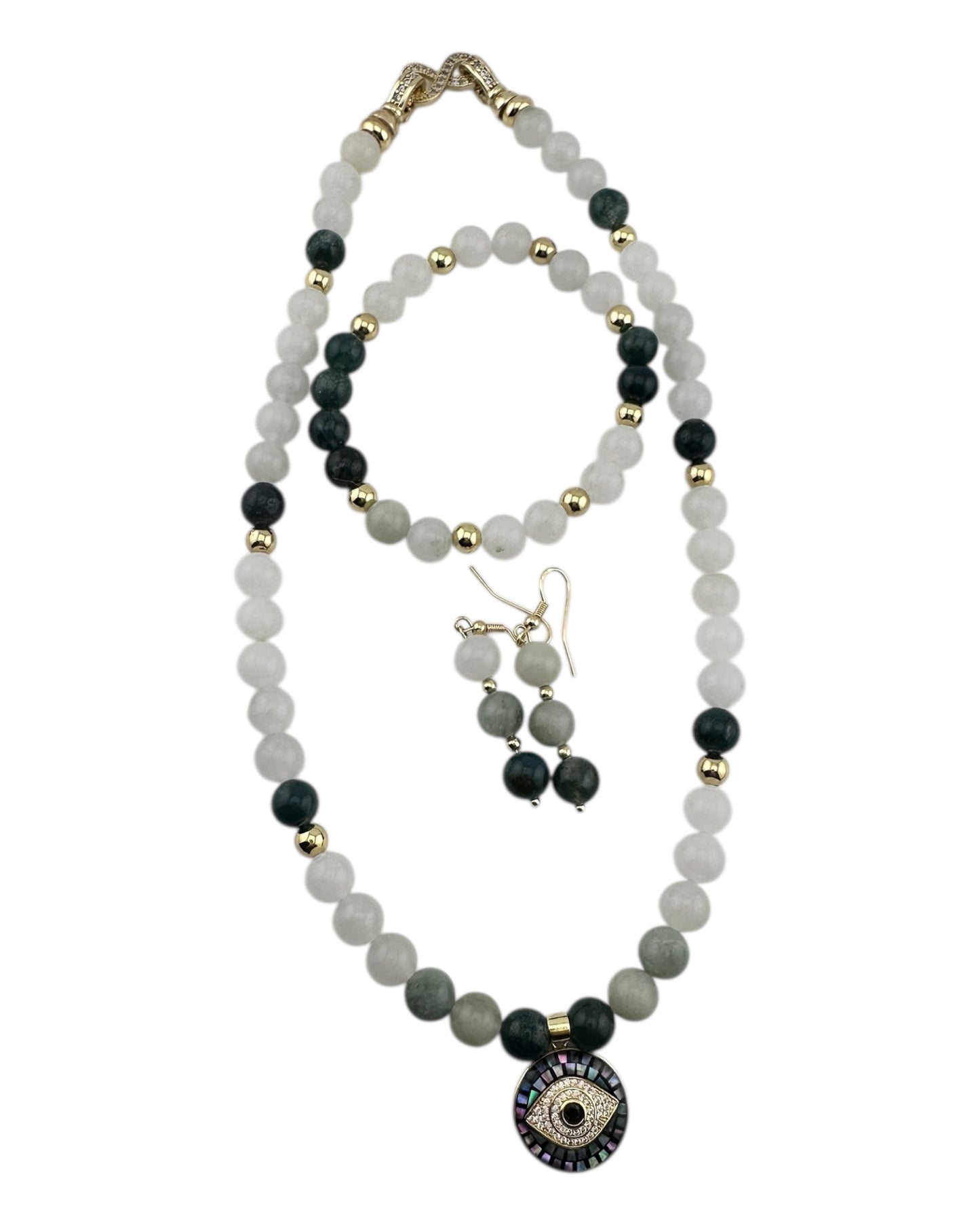 Tea Jasper & Evil Eye 3-Piece Jewelry Set – 18K Gold-Plated with Opal Shell Protection Pendant