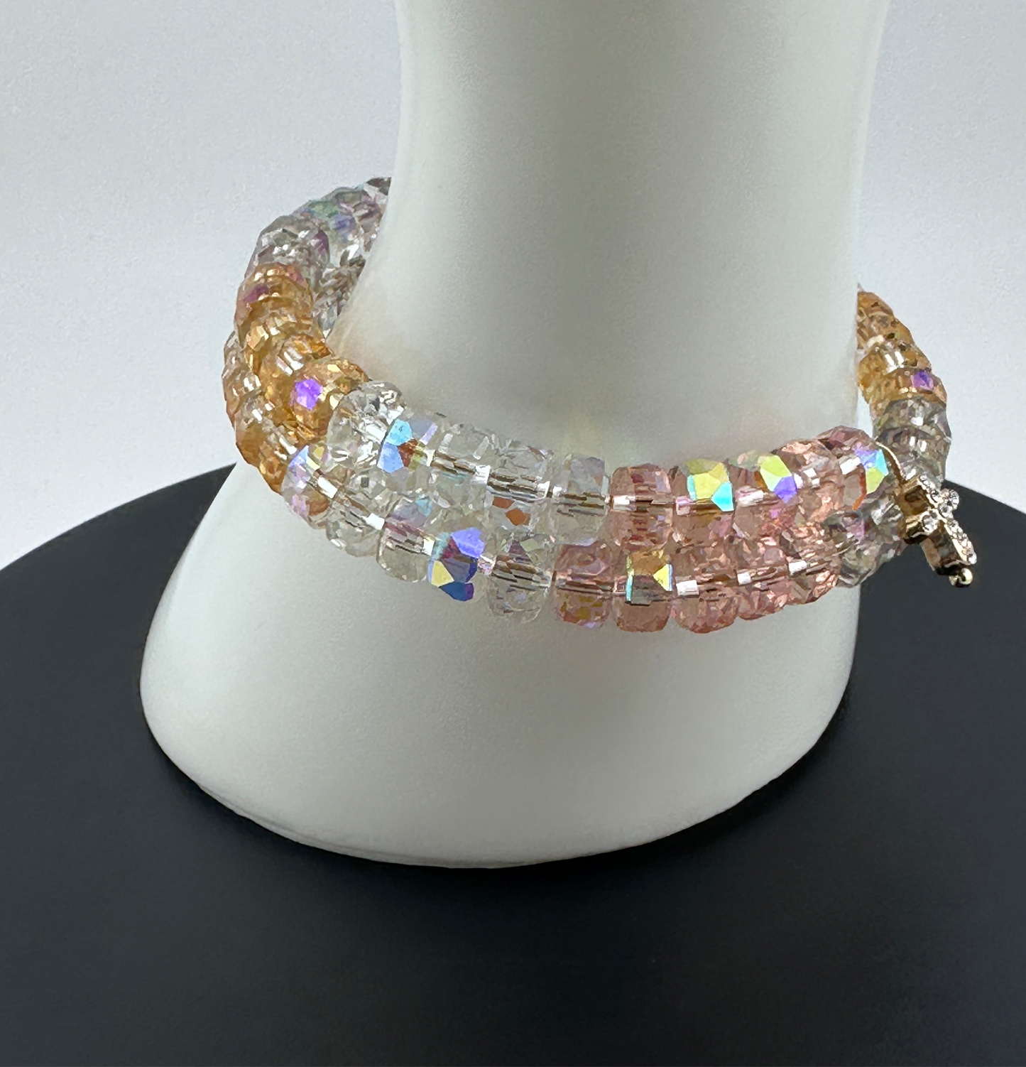Radiant AB Crystal Memory Wire Bracelet – Triple Wrap with Gold-Plated Evil Eye & Pavé Cross Charms