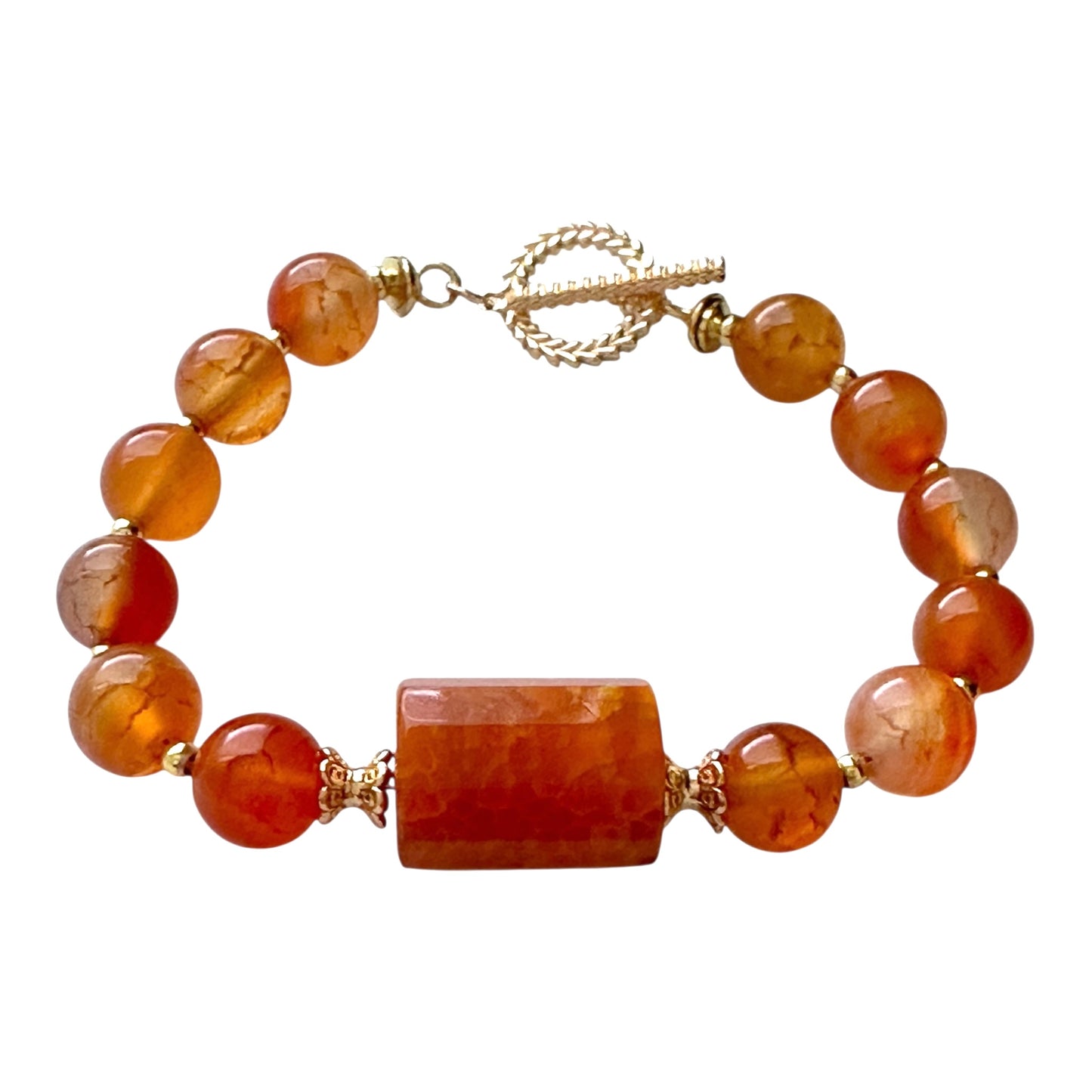 “Inner Flame” Carnelian Bracelet – 10mm Gemstones with Gold-Plated Clasp
