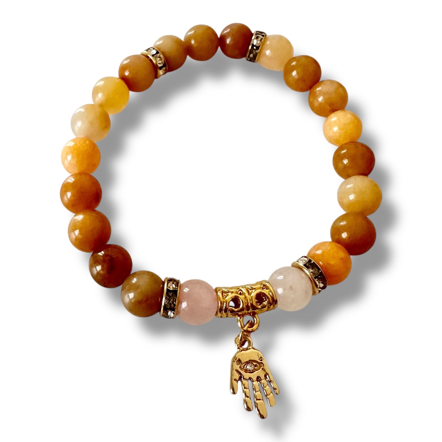 “Golden Grace” Bracelet – Yellow Aventurine, Rose Quartz & Hamsa Charm (Gold-Plated)