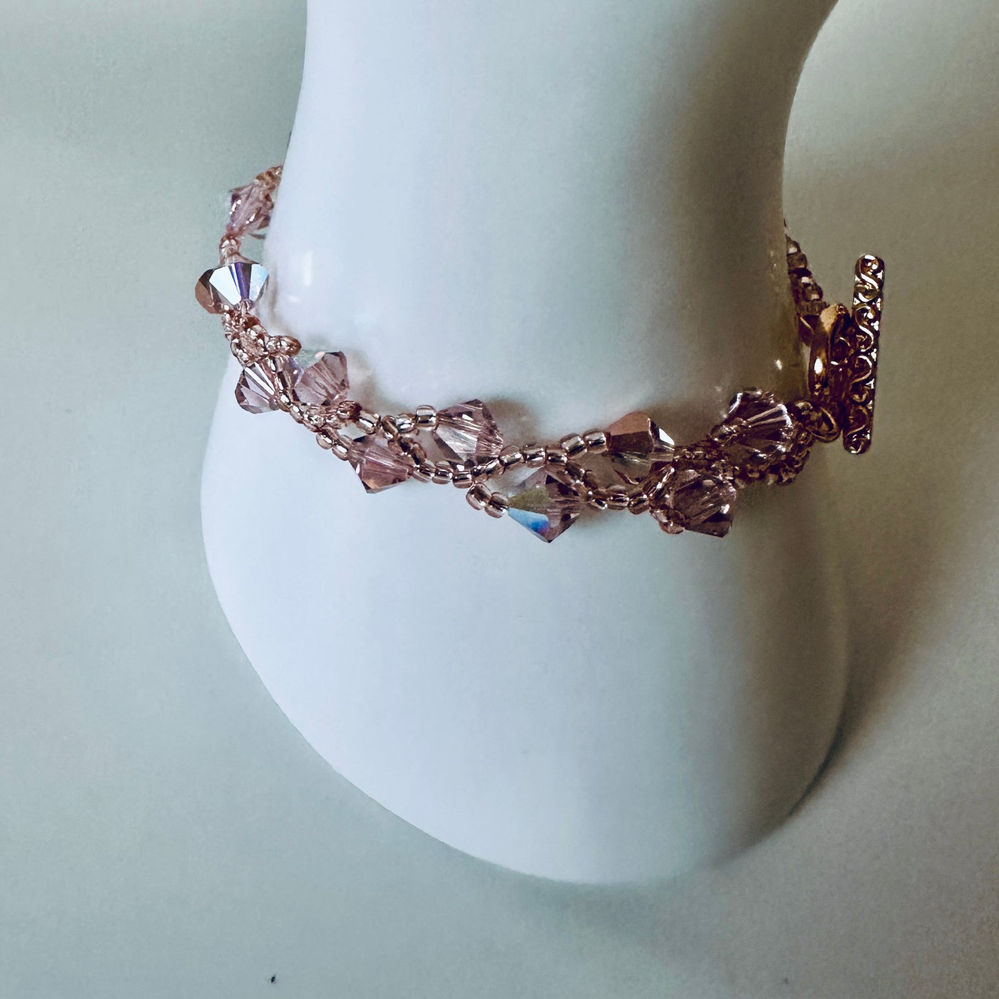 Vintage Rose Swarovski Bracelet – Pink Toho Beads & Gold Toggle