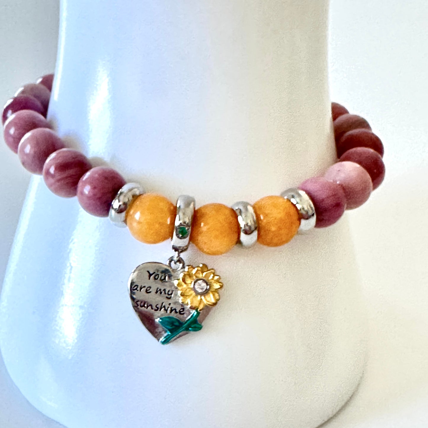 “Sunshine Heart” Bracelet – Rhodonite, Yellow Aventurine & Sterling Silver Sunflower Charm