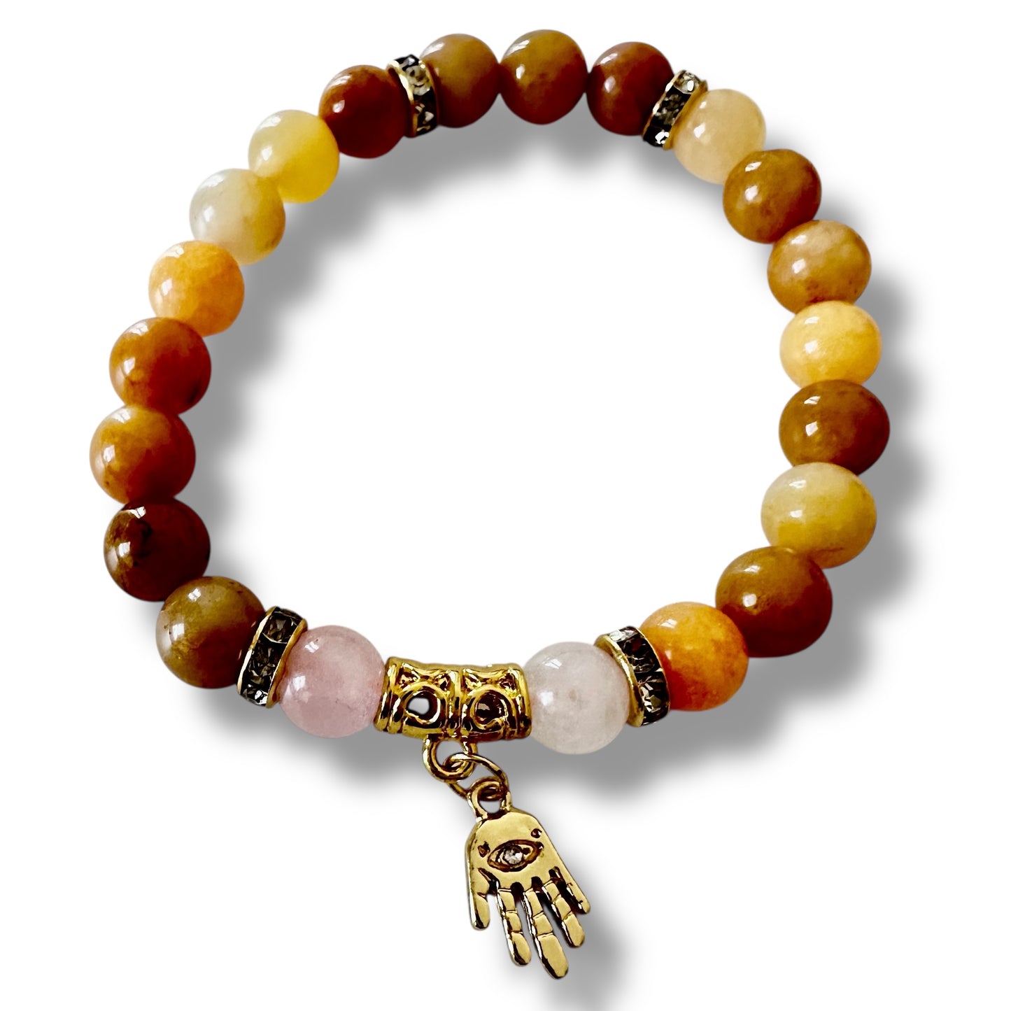 “Golden Grace” Bracelet – Yellow Aventurine, Rose Quartz & Hamsa Charm (Gold-Plated)