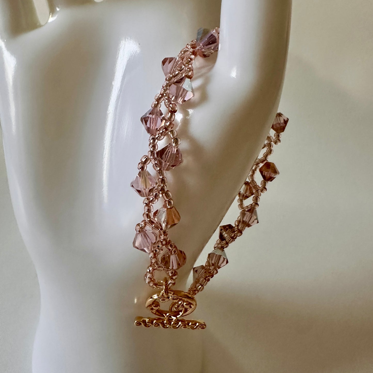 Vintage Rose Swarovski Bracelet – Pink Toho Beads & Gold Toggle