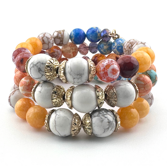 Three-Coil Cuff Bracelet – Fire Agate, Imperial Jasper & Orange Jade | Handmade Gemstone Jewelry