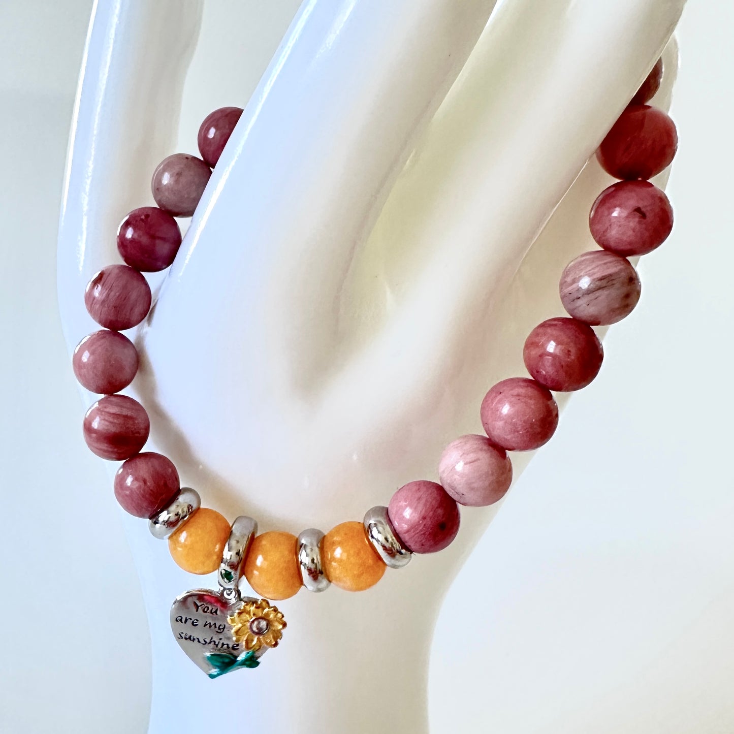 “Sunshine Heart” Bracelet – Rhodonite, Yellow Aventurine & Sterling Silver Sunflower Charm