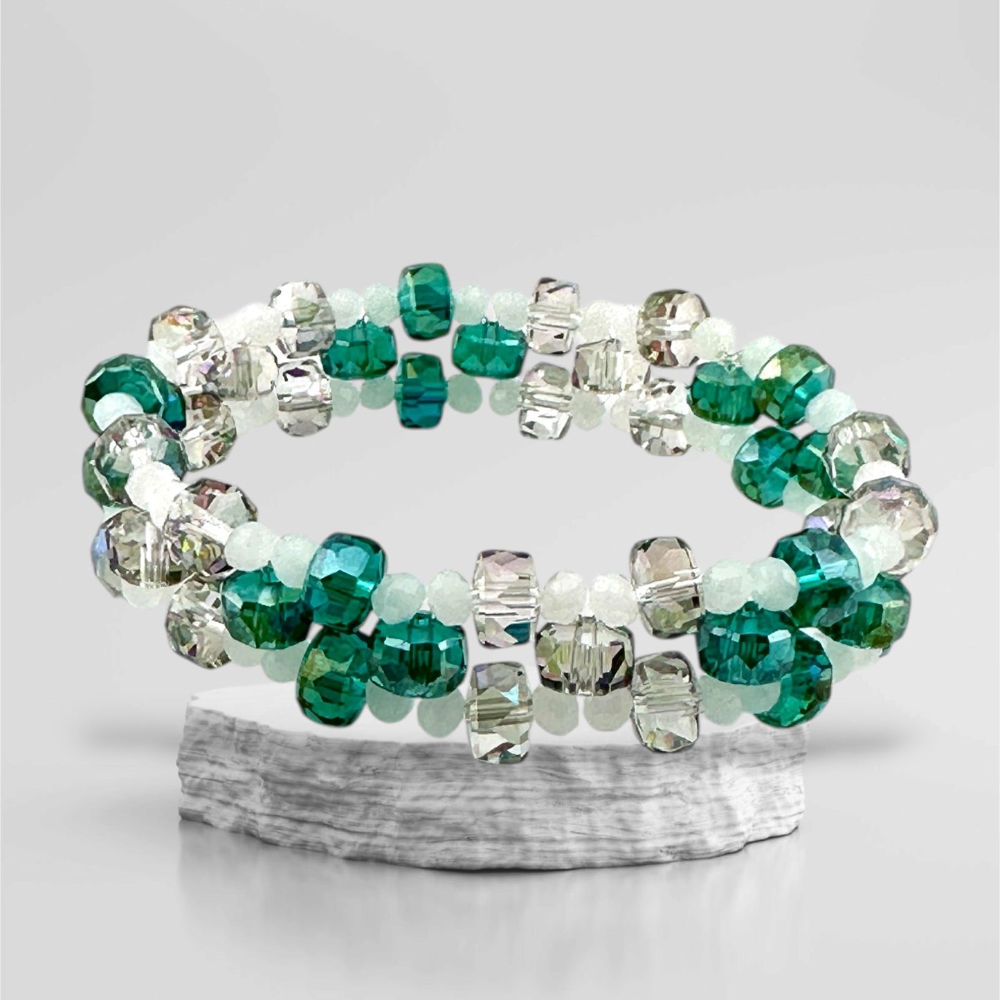 Emerald, White & Silver Three-Tier Crystal Stretch Bracelet