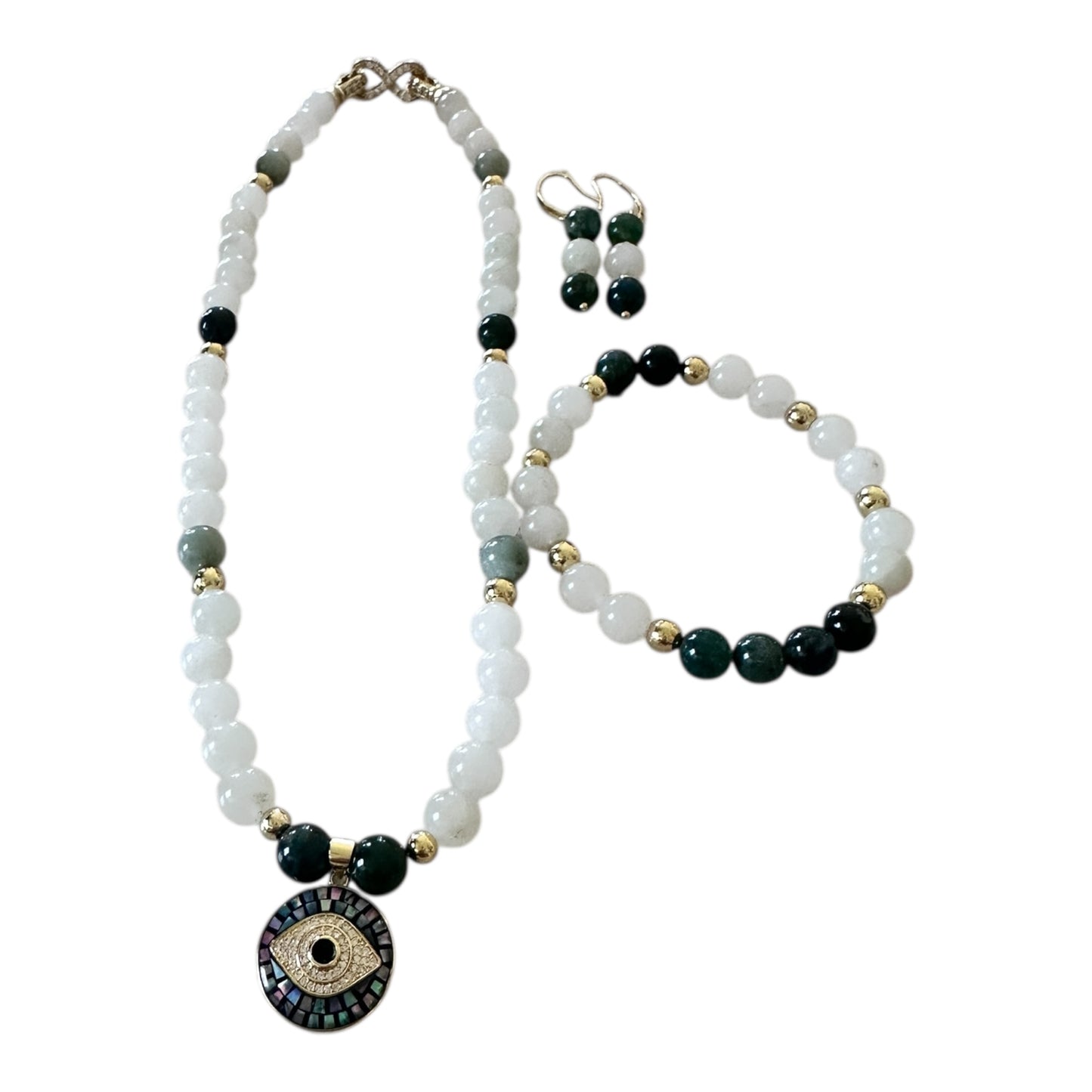 Tea Jasper & Evil Eye 3-Piece Jewelry Set – 18K Gold-Plated with Opal Shell Protection Pendant