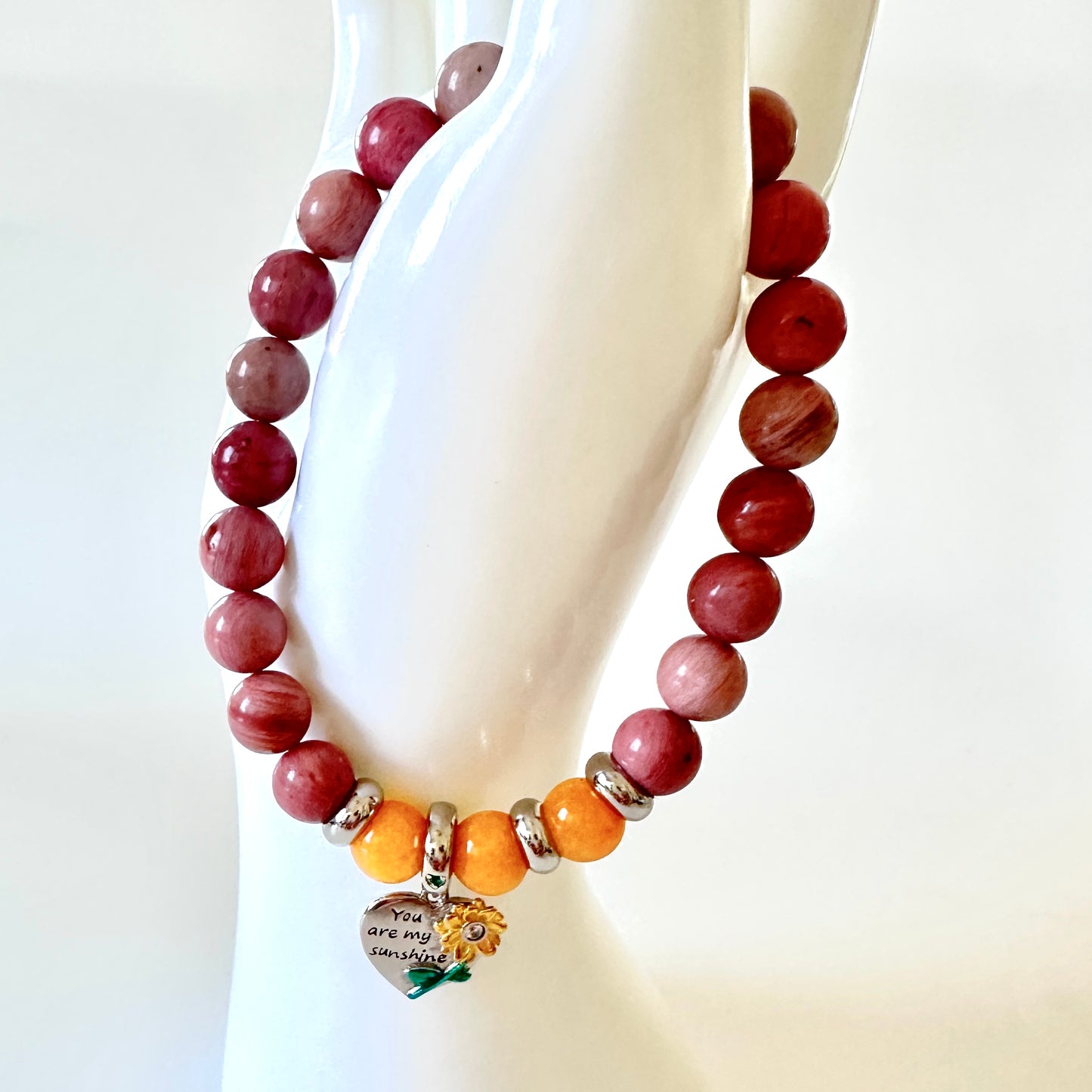 “Sunshine Heart” Bracelet – Rhodonite, Yellow Aventurine & Sterling Silver Sunflower Charm