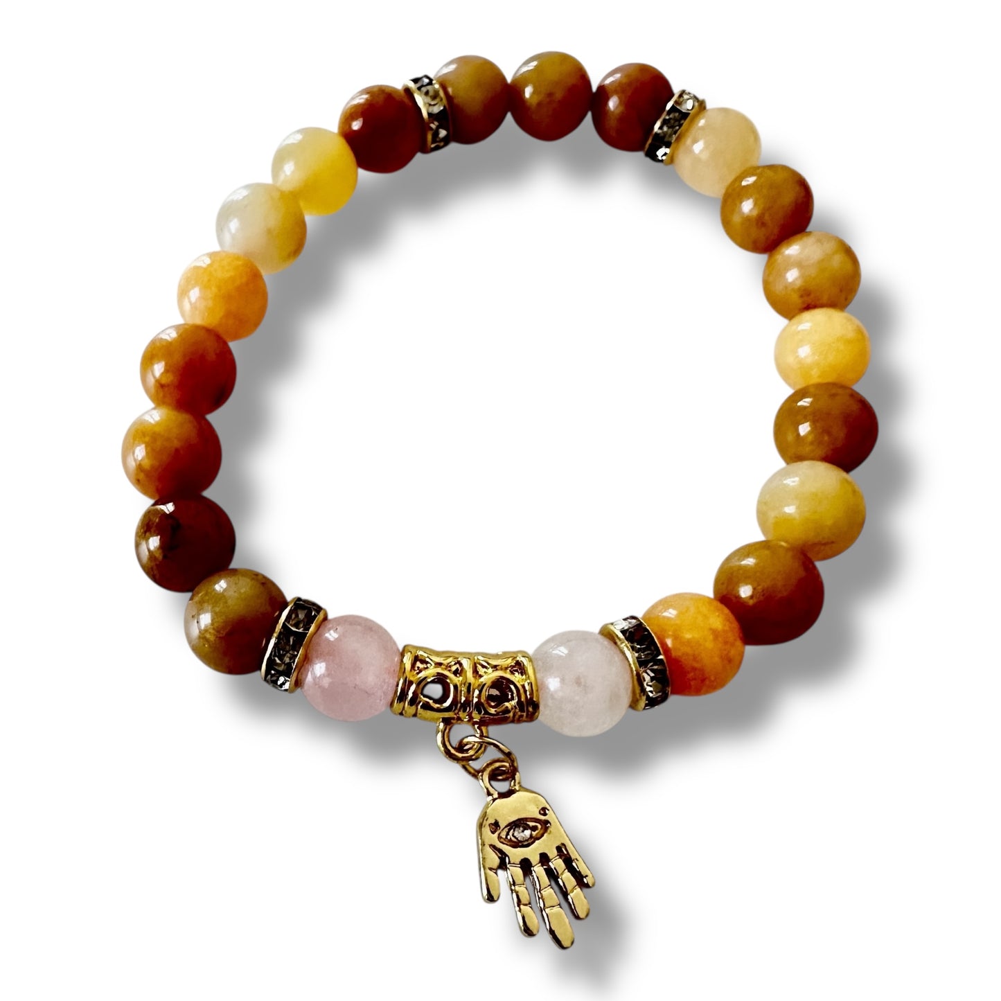 “Golden Grace” Bracelet – Yellow Aventurine, Rose Quartz & Hamsa Charm (Gold-Plated)
