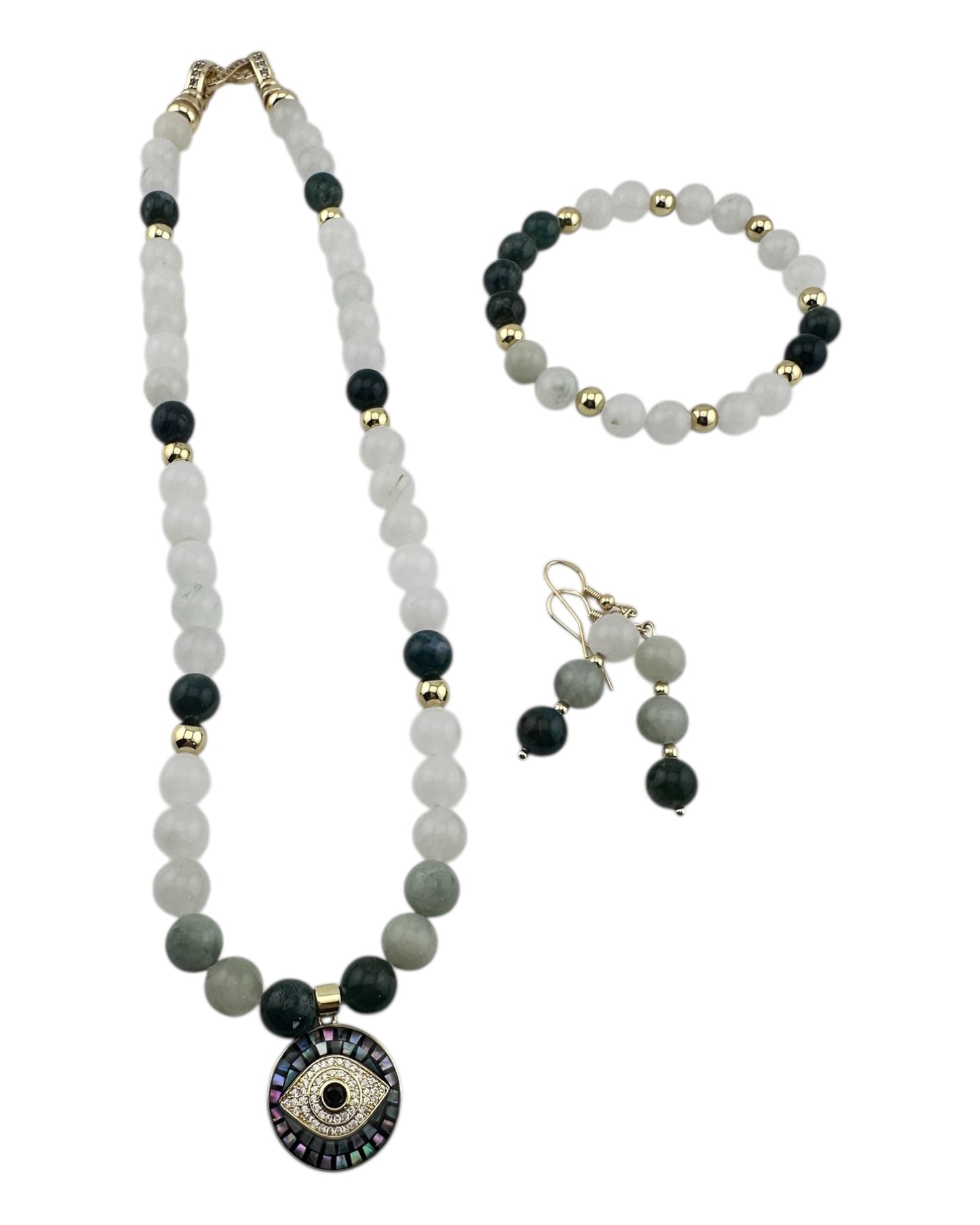 Tea Jasper & Evil Eye 3-Piece Jewelry Set – 18K Gold-Plated with Opal Shell Protection Pendant
