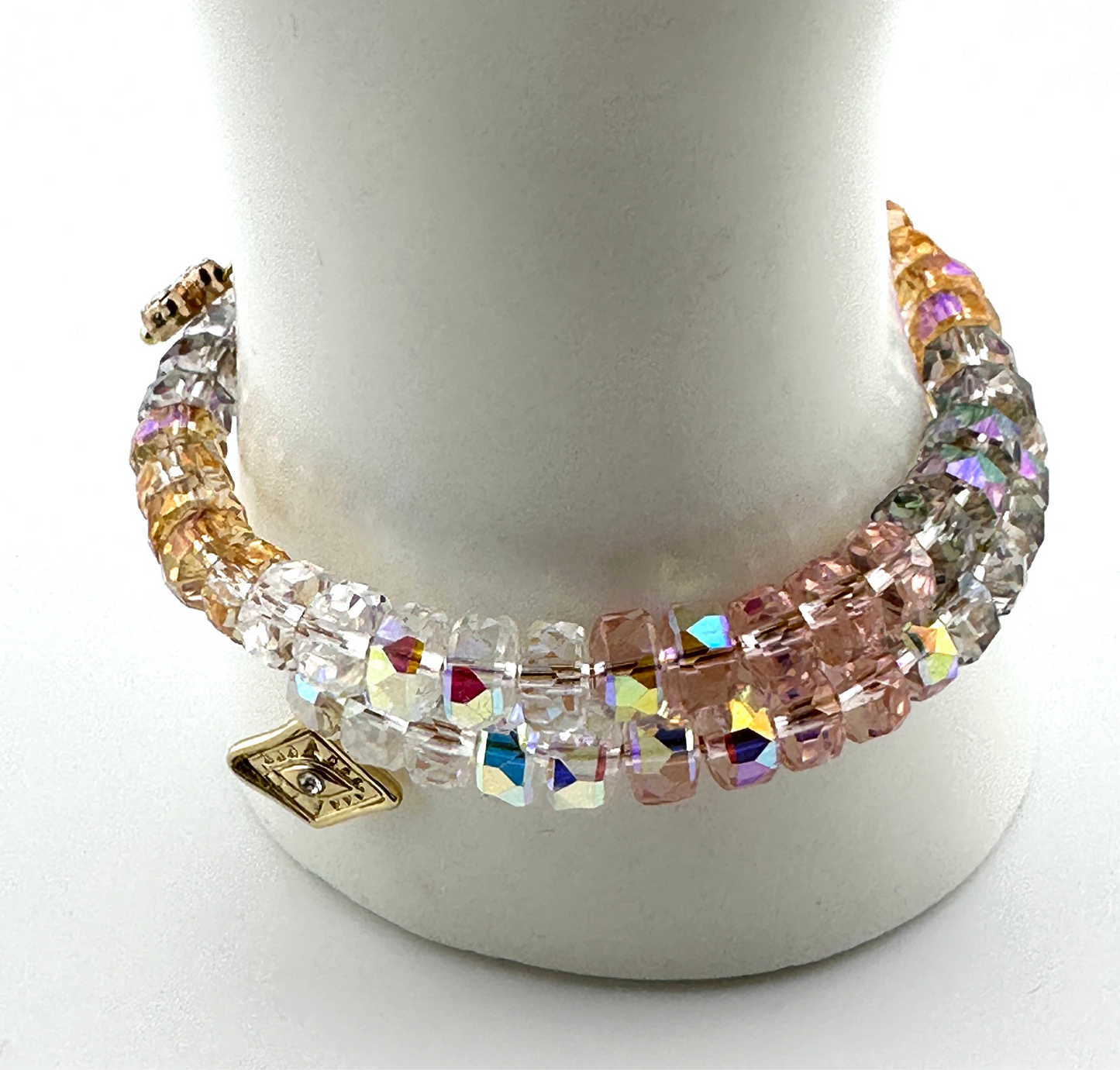 Radiant AB Crystal Memory Wire Bracelet – Triple Wrap with Gold-Plated Evil Eye & Pavé Cross Charms