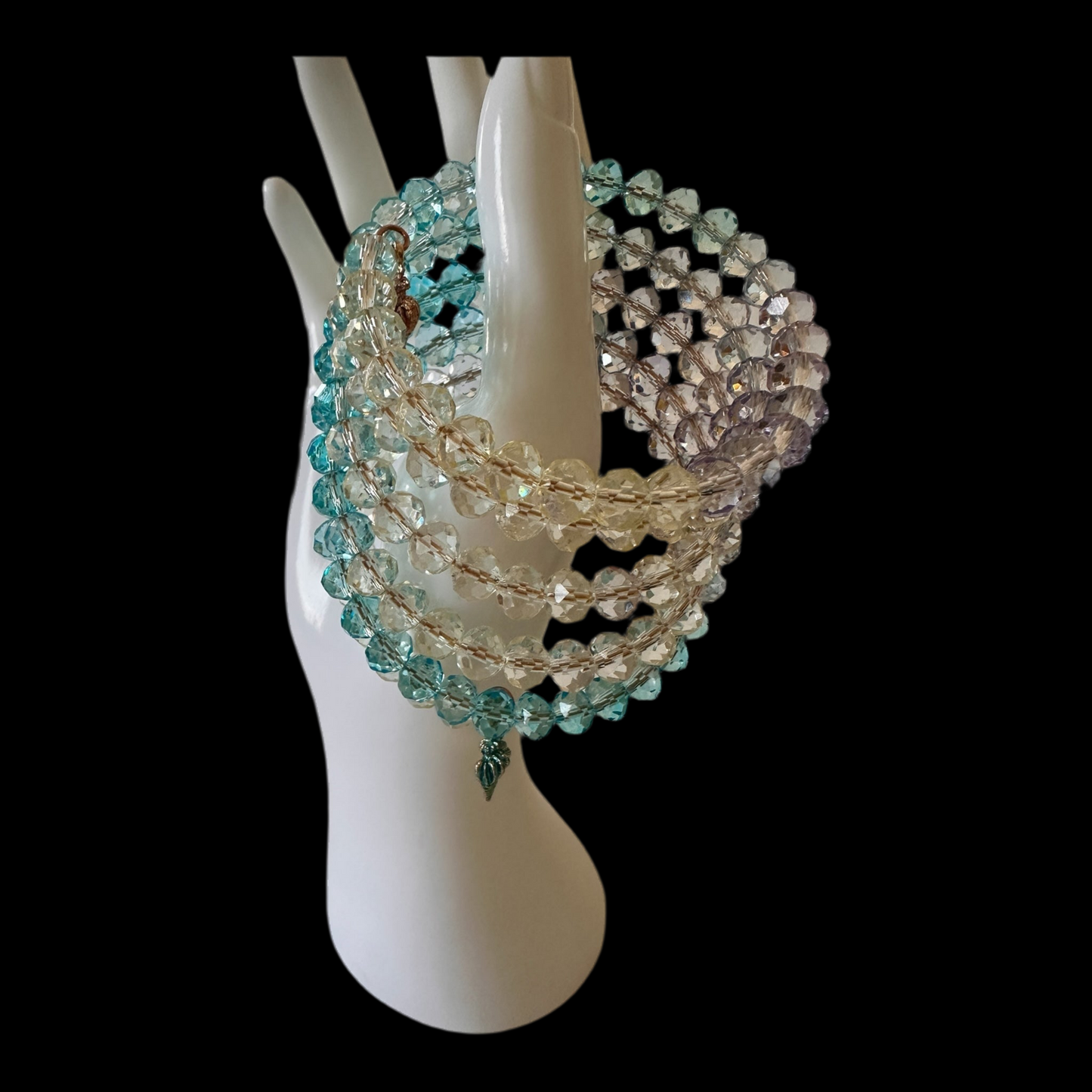 “Sea Goddess” Memory Wire Bracelet – 5-Ring Ombre Crystal Wrap with Shell Charm