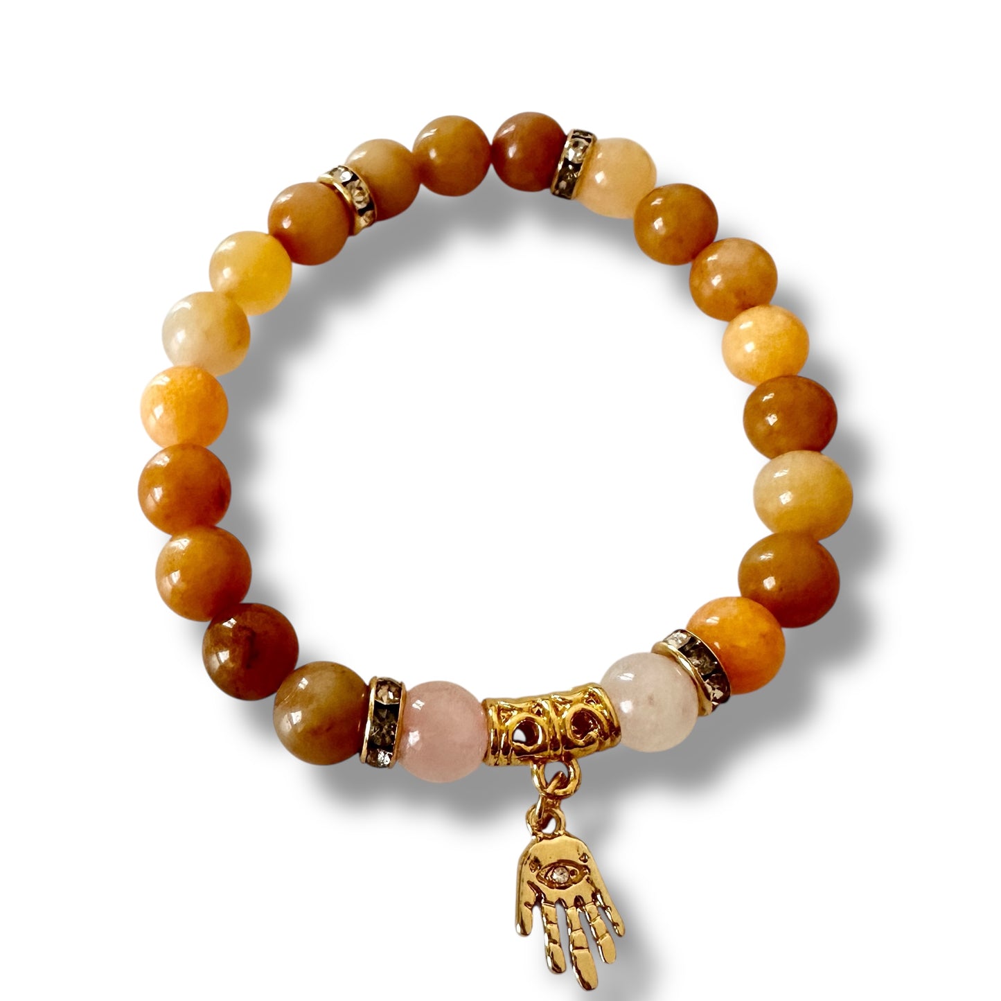 “Golden Grace” Bracelet – Yellow Aventurine, Rose Quartz & Hamsa Charm (Gold-Plated)