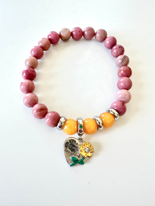 “Sunshine Heart” Bracelet – Rhodonite, Yellow Aventurine & Sterling Silver Sunflower Charm