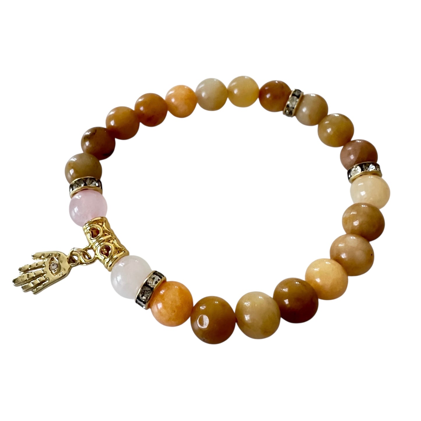 “Golden Grace” Bracelet – Yellow Aventurine, Rose Quartz & Hamsa Charm (Gold-Plated)