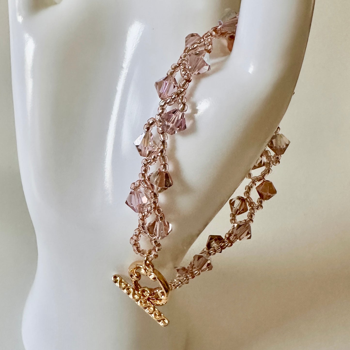 Vintage Rose Swarovski Bracelet – Pink Toho Beads & Gold Toggle