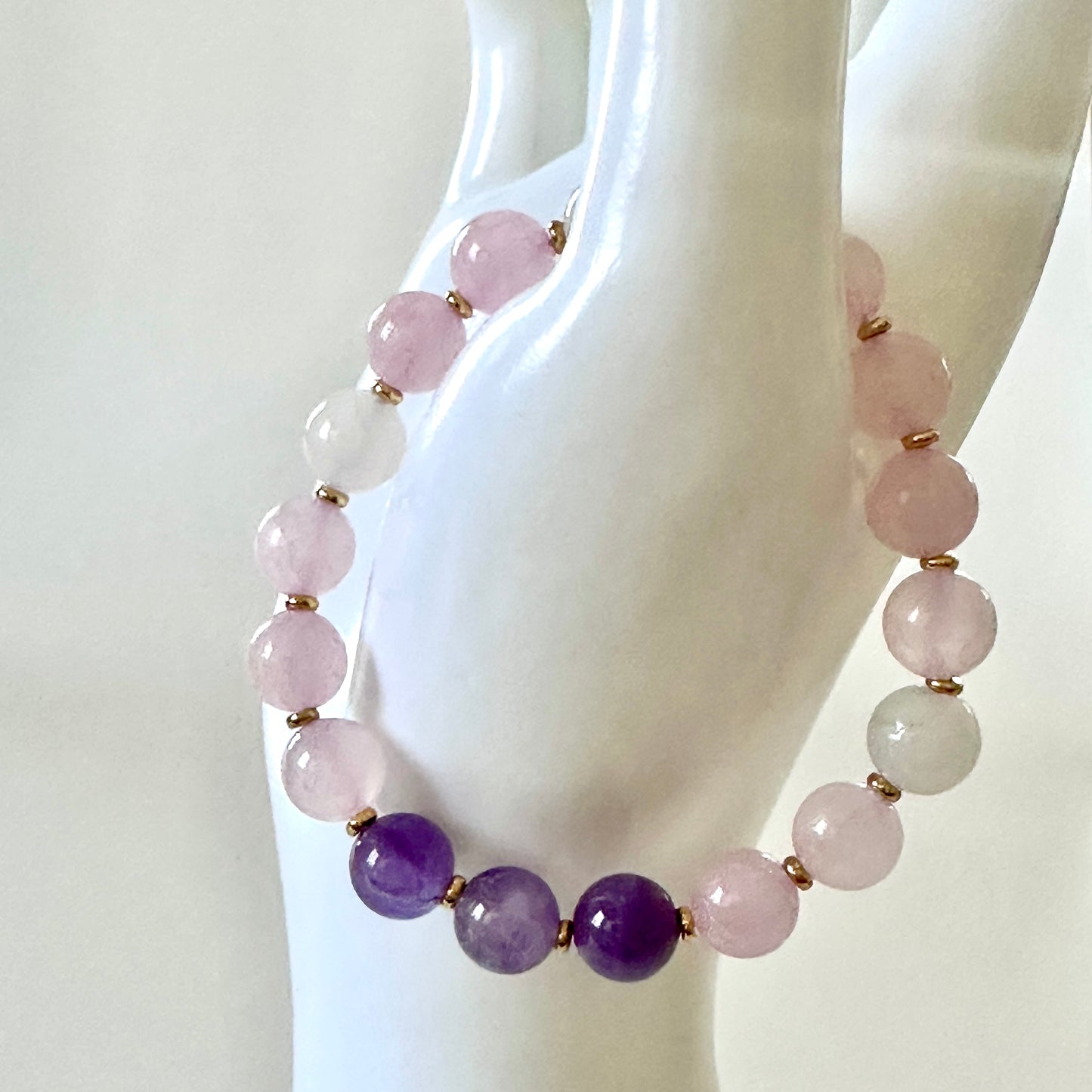 “Inner Light” Bracelet – 8 mm Amethyst, Rose Quartz & Milky Quartz