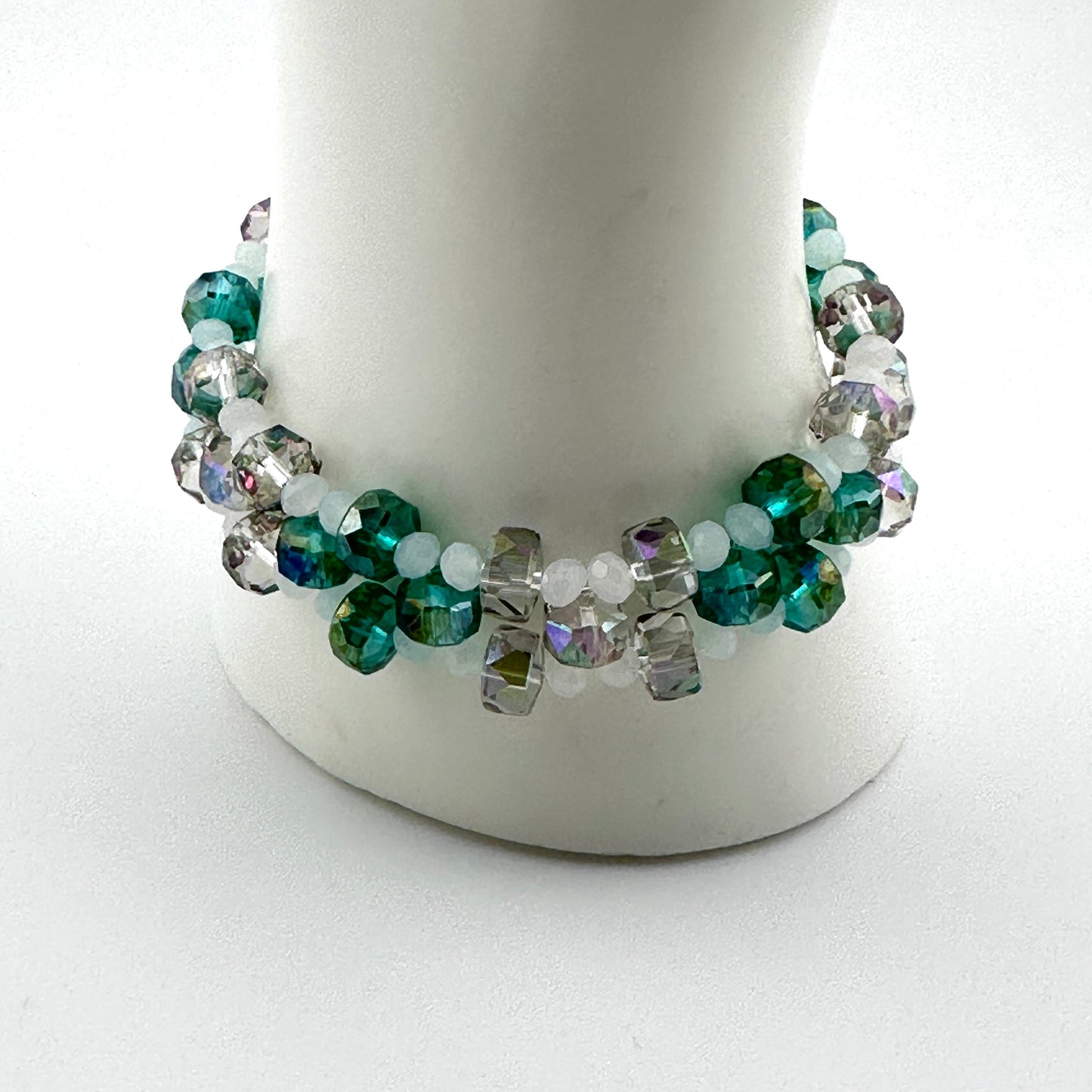 Emerald, White & Silver Three-Tier Crystal Stretch Bracelet
