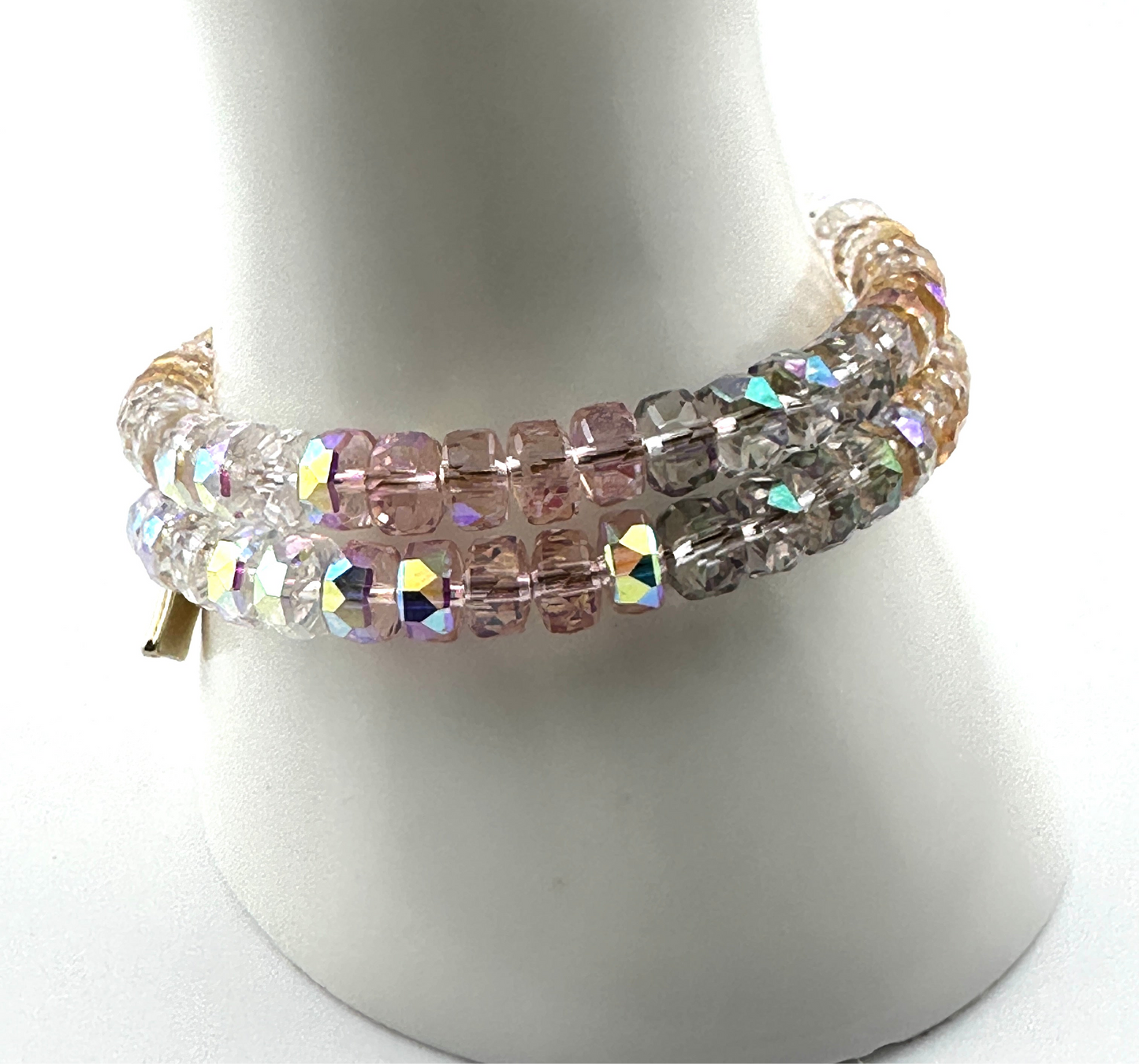 Radiant AB Crystal Memory Wire Bracelet – Triple Wrap with Gold-Plated Evil Eye & Pavé Cross Charms