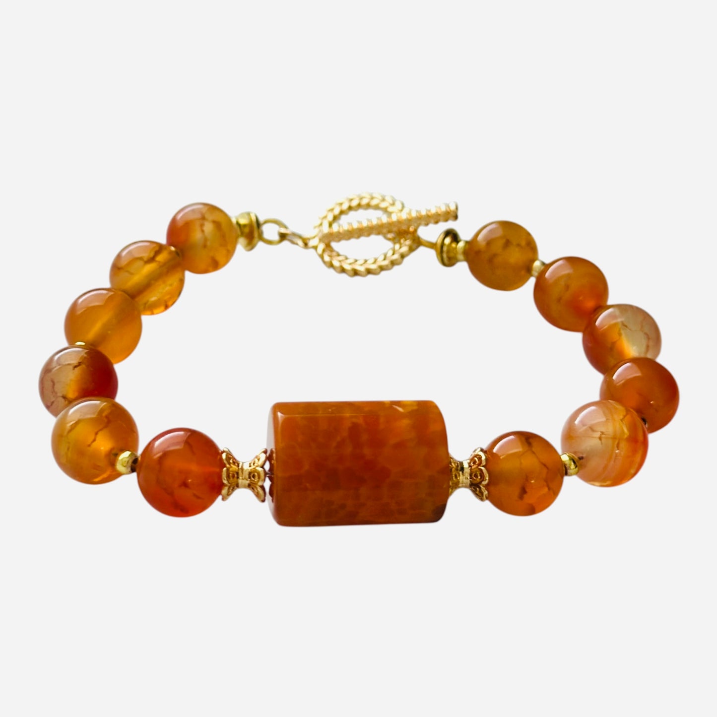 “Inner Flame” Carnelian Bracelet – 10mm Gemstones with Gold-Plated Clasp