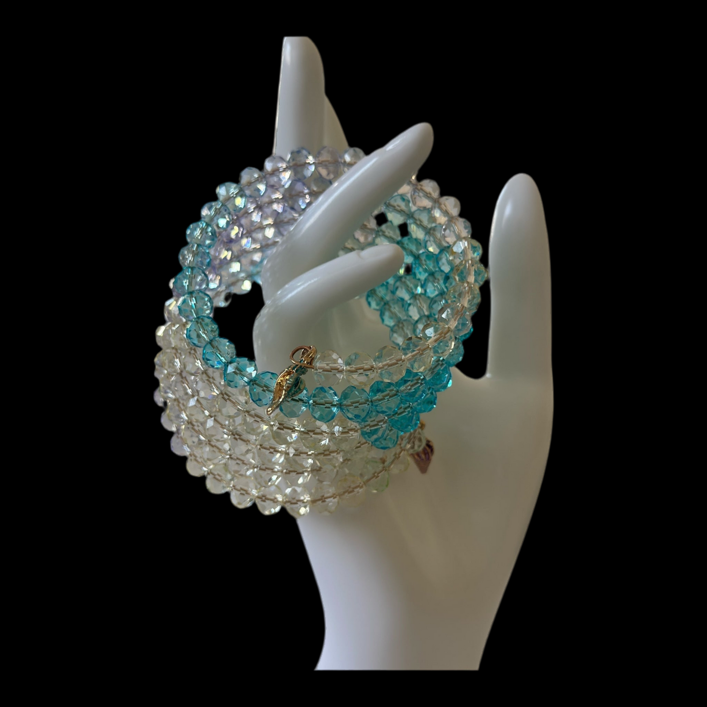 “Sea Goddess” Memory Wire Bracelet – 5-Ring Ombre Crystal Wrap with Shell Charm