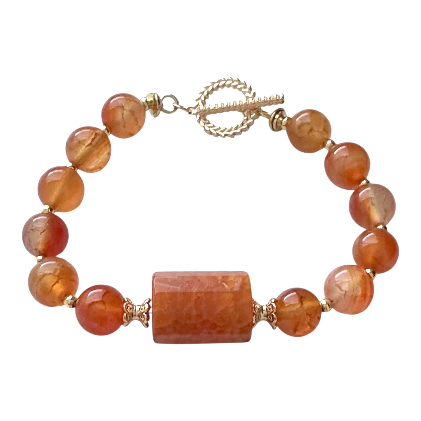 “Inner Flame” Carnelian Bracelet – 10mm Gemstones with Gold-Plated Clasp