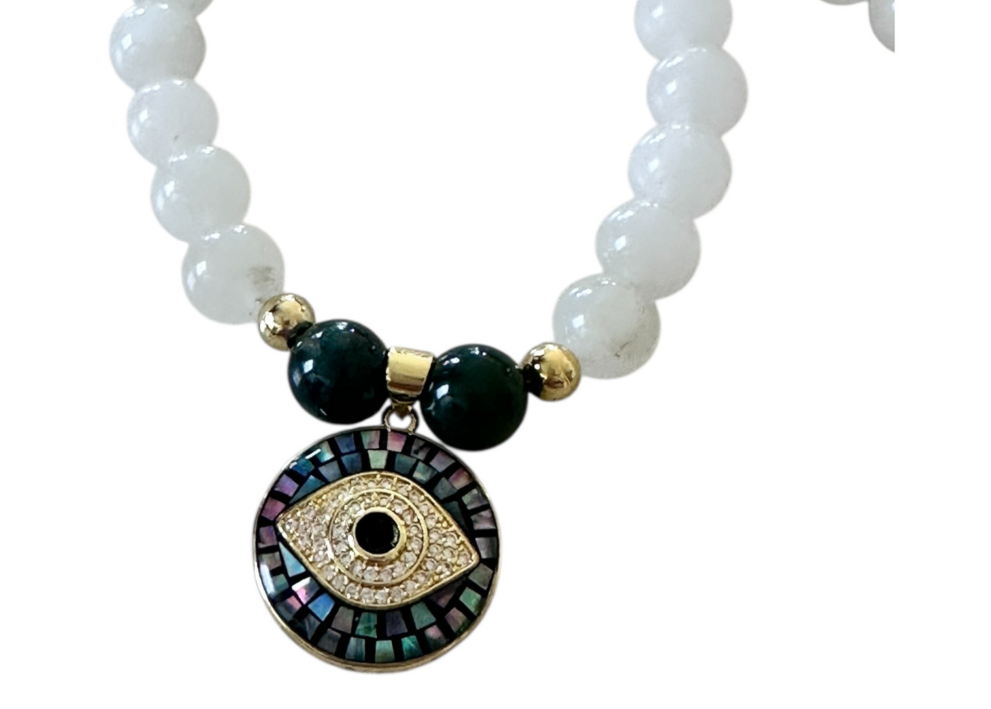 Tea Jasper & Evil Eye 3-Piece Jewelry Set – 18K Gold-Plated with Opal Shell Protection Pendant