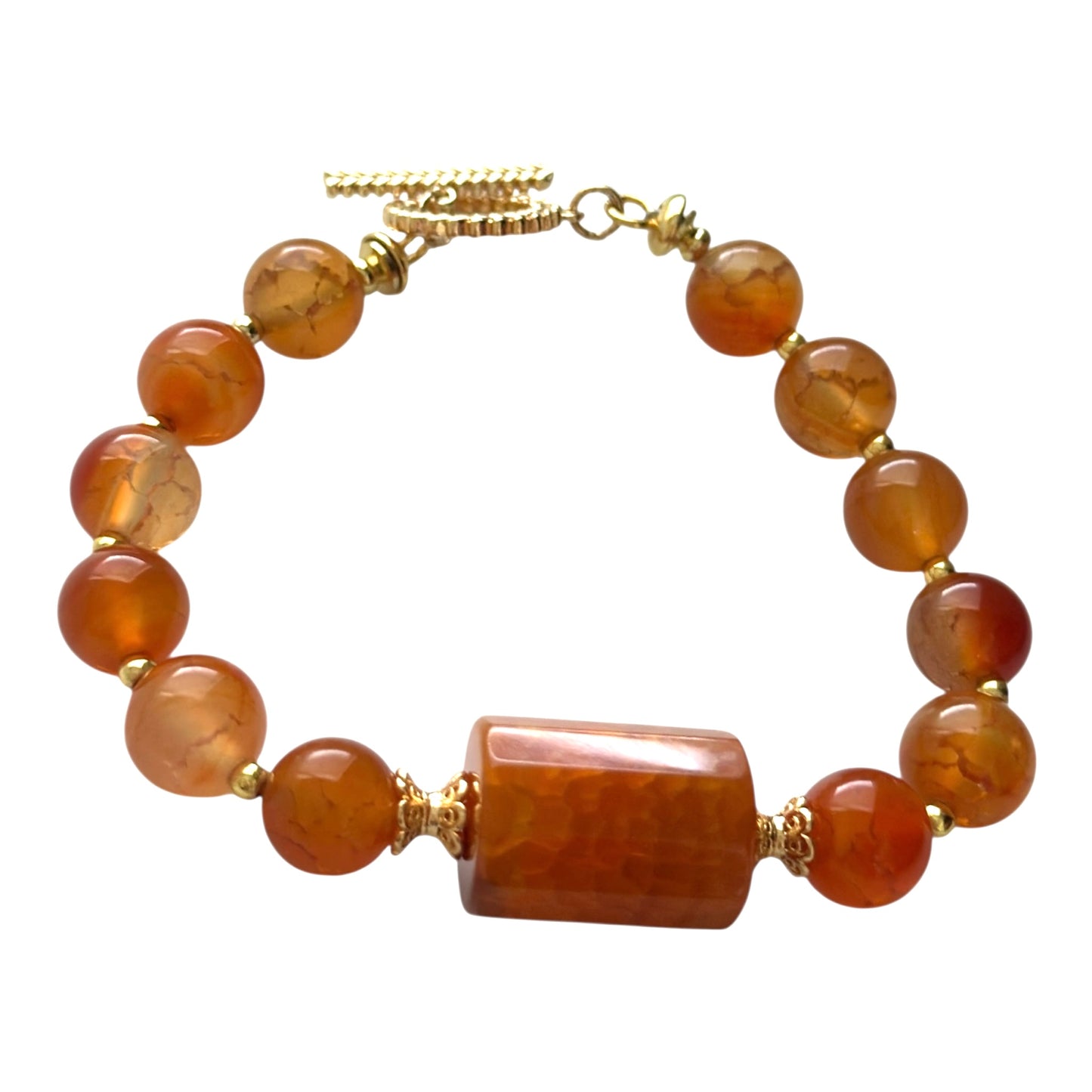 “Inner Flame” Carnelian Bracelet – 10mm Gemstones with Gold-Plated Clasp