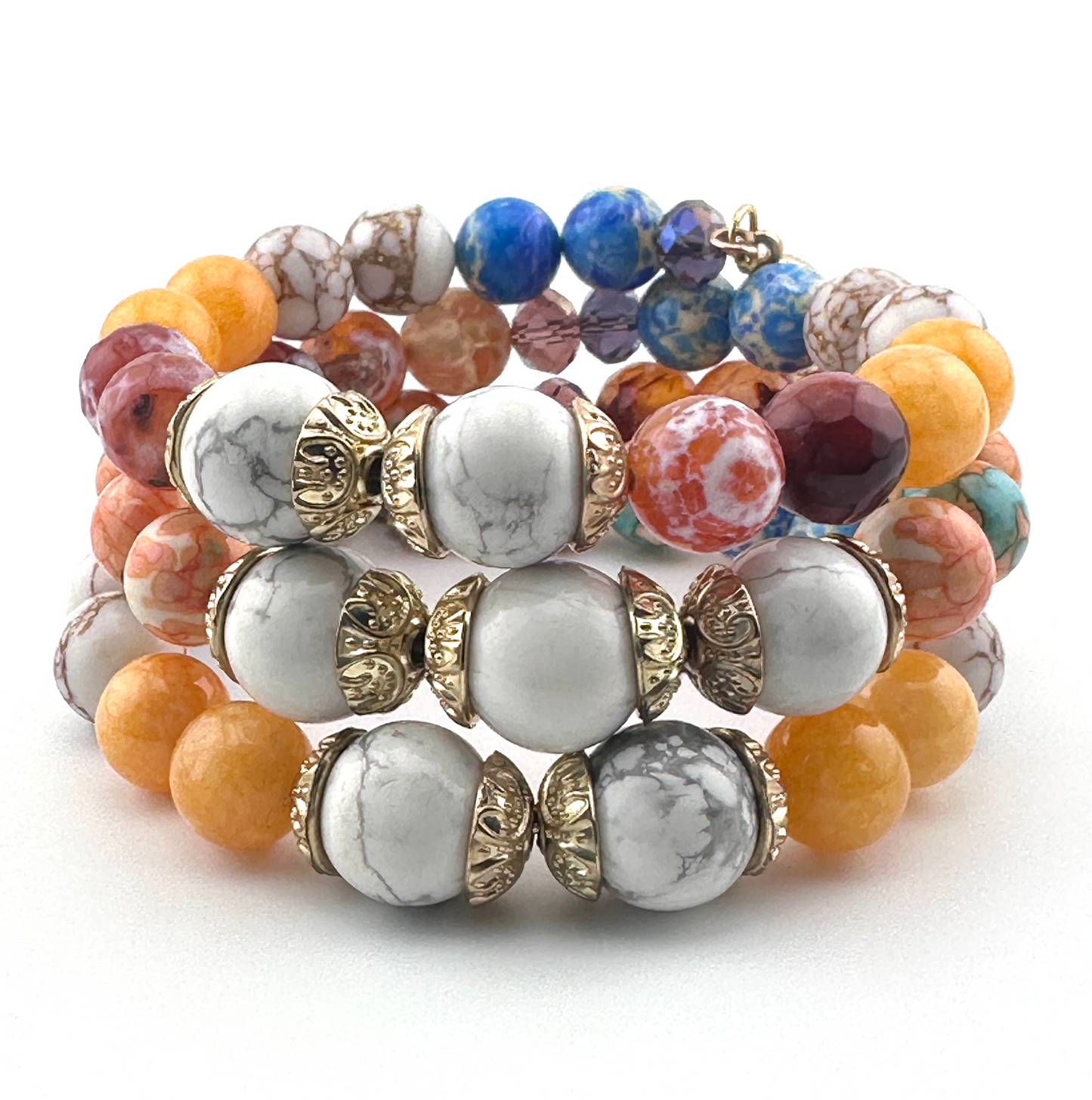 Three-Coil Cuff Bracelet – Fire Agate, Imperial Jasper & Orange Jade | Handmade Gemstone Jewelry