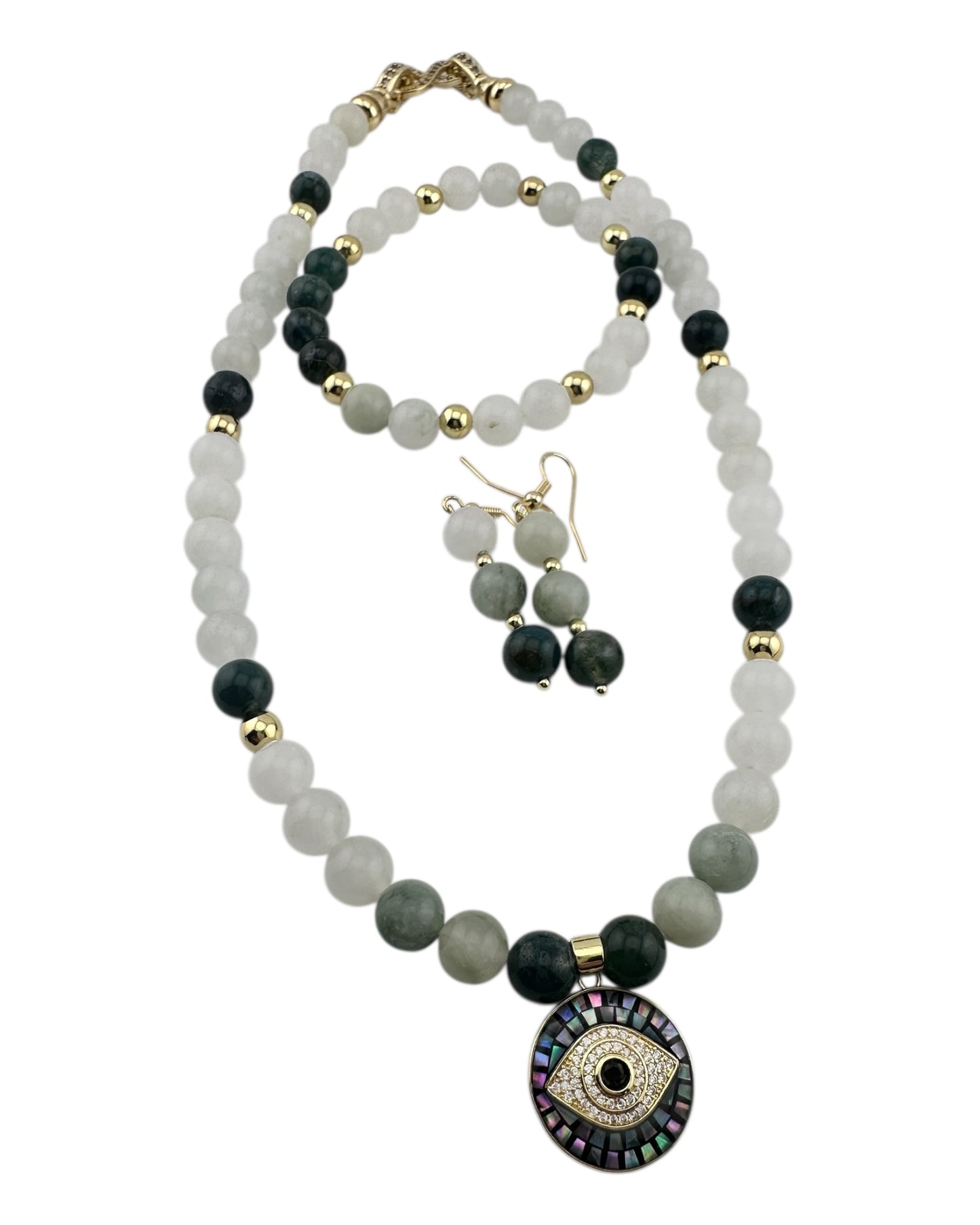 Tea Jasper & Evil Eye 3-Piece Jewelry Set – 18K Gold-Plated with Opal Shell Protection Pendant