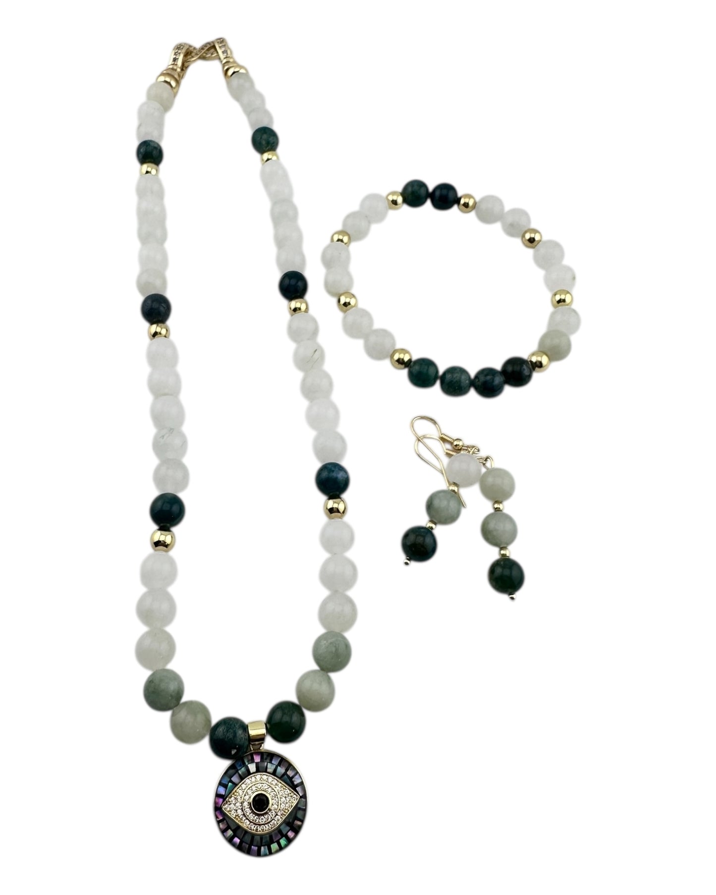 Tea Jasper & Evil Eye 3-Piece Jewelry Set – 18K Gold-Plated with Opal Shell Protection Pendant