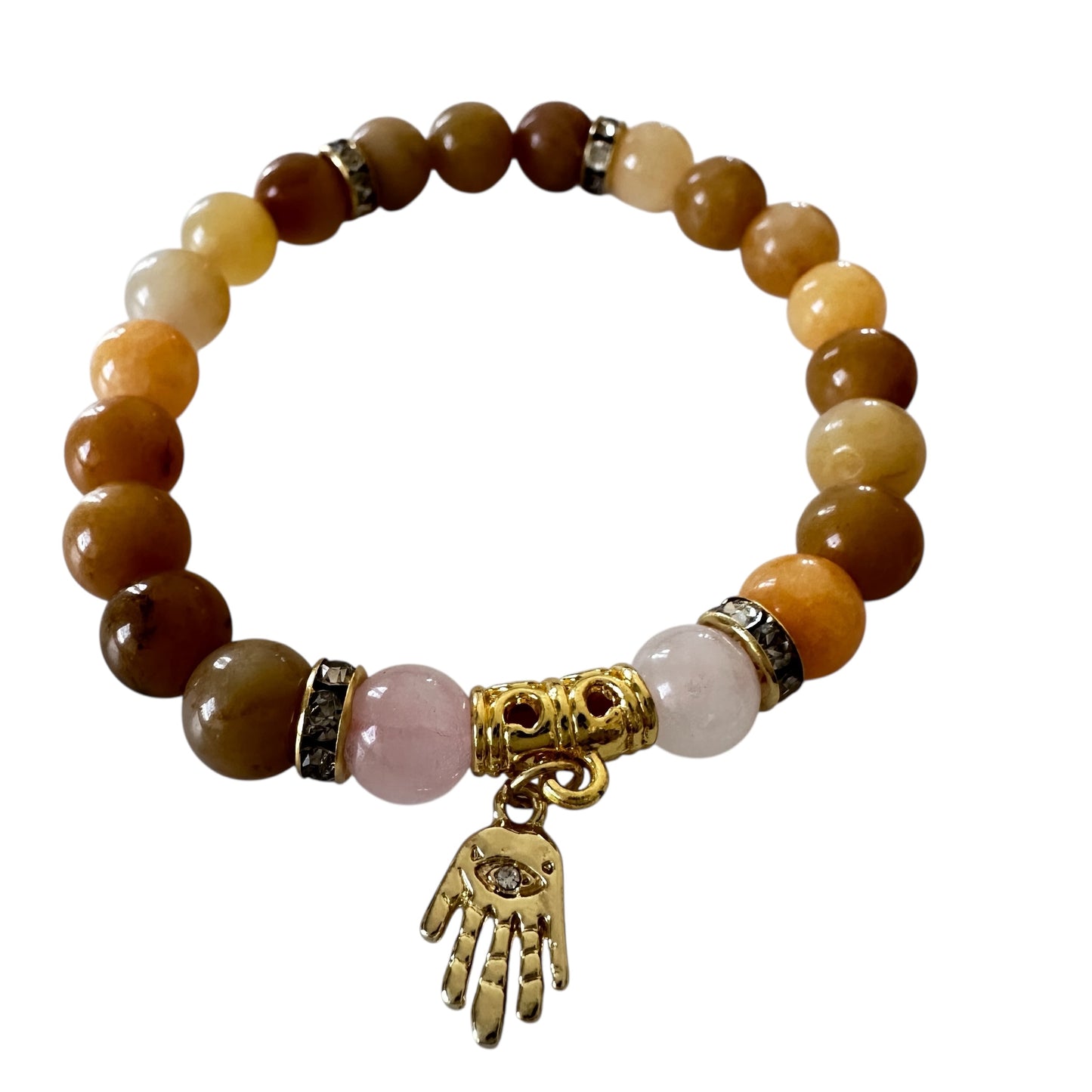“Golden Grace” Bracelet – Yellow Aventurine, Rose Quartz & Hamsa Charm (Gold-Plated)