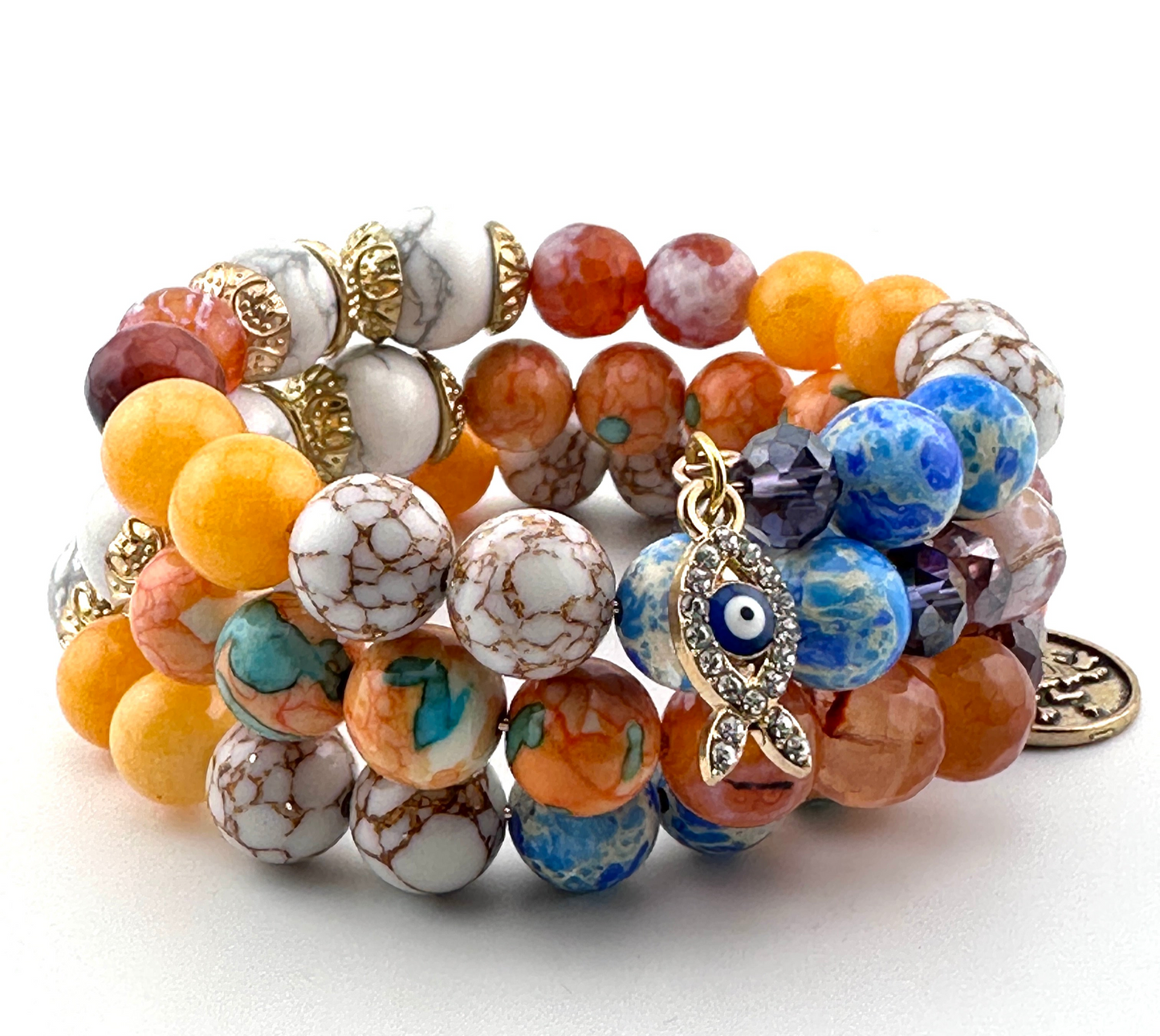 Three-Coil Cuff Bracelet – Fire Agate, Imperial Jasper & Orange Jade | Handmade Gemstone Jewelry