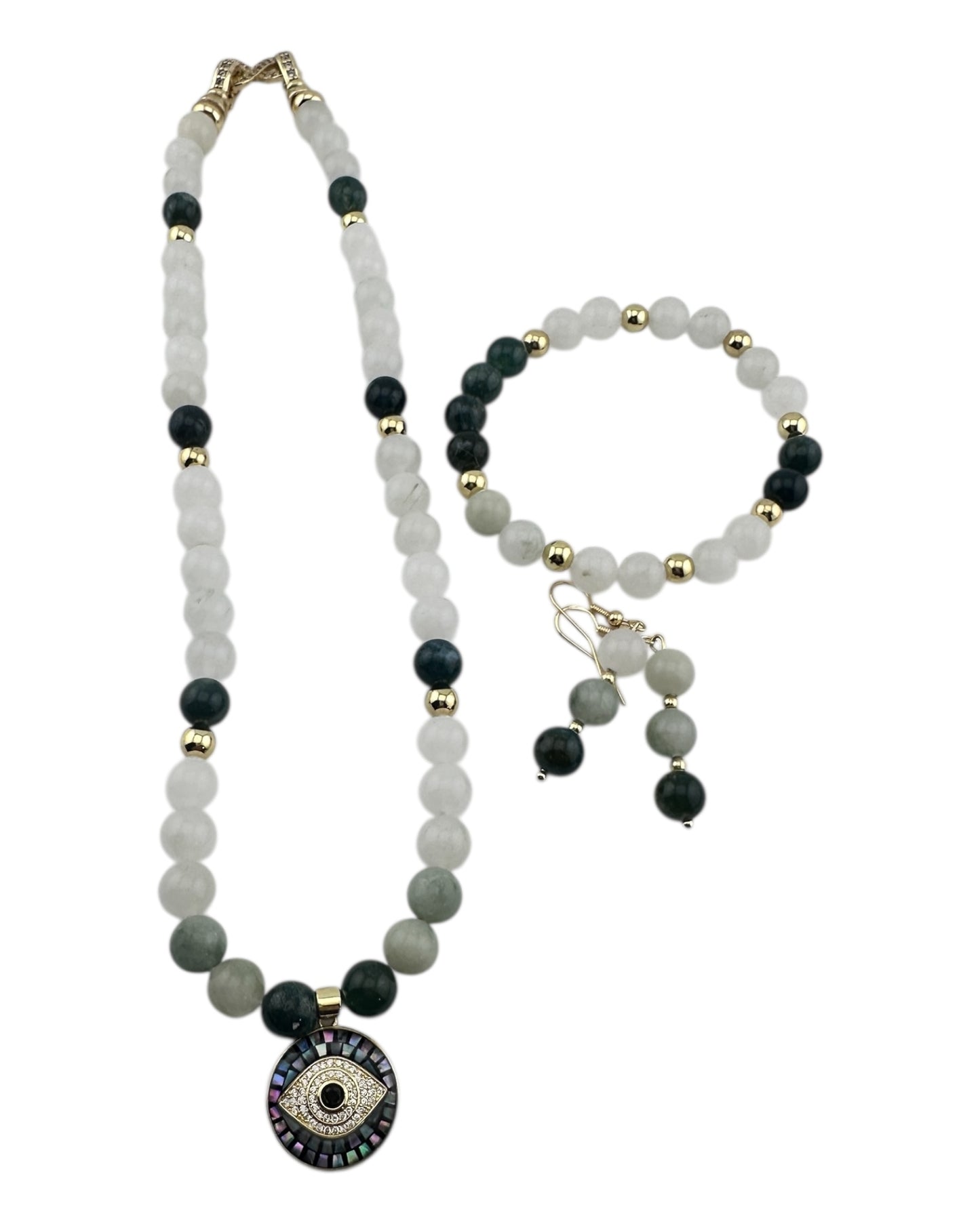 Tea Jasper & Evil Eye 3-Piece Jewelry Set – 18K Gold-Plated with Opal Shell Protection Pendant