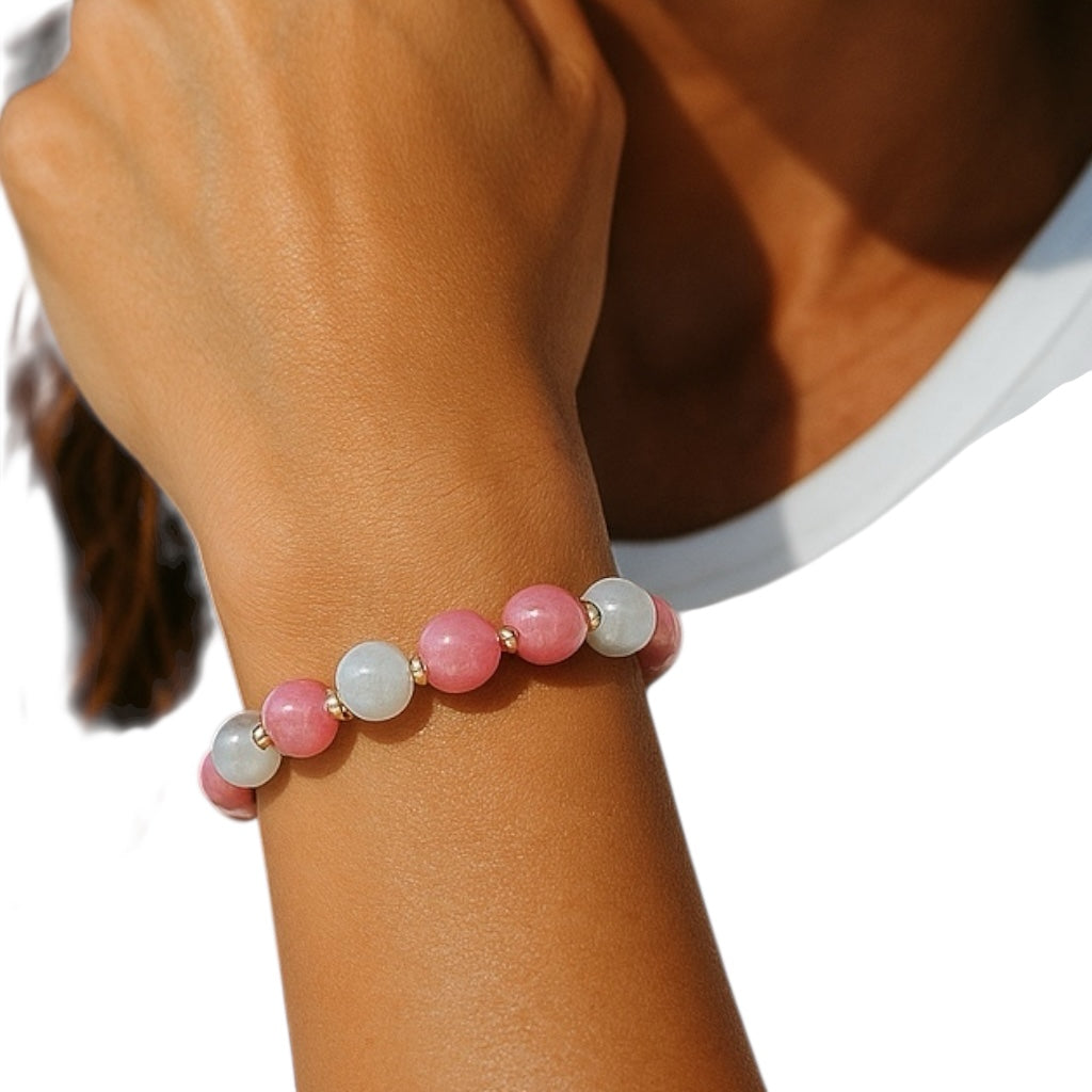 “Glow & Grace” – Strawberry Quartz and Milky Quartz Bracelet