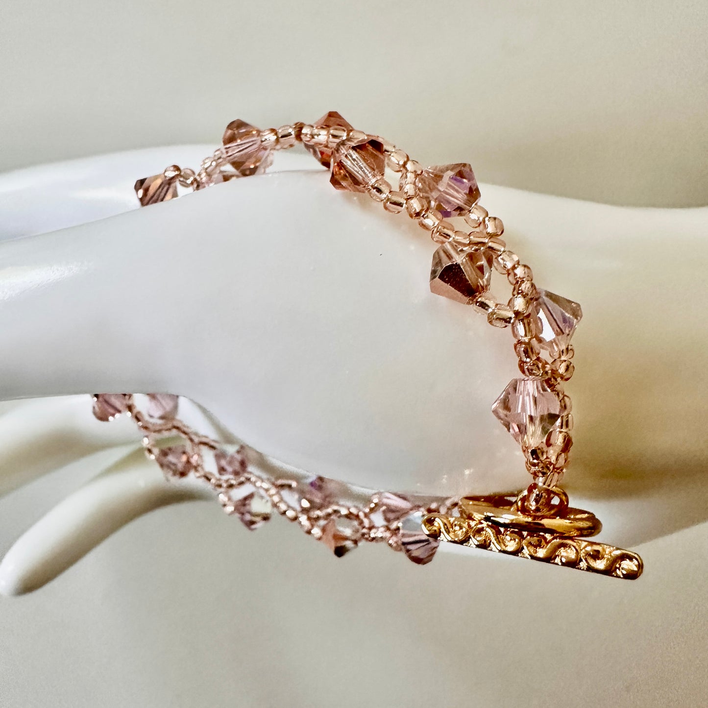 Vintage Rose Swarovski Bracelet – Pink Toho Beads & Gold Toggle